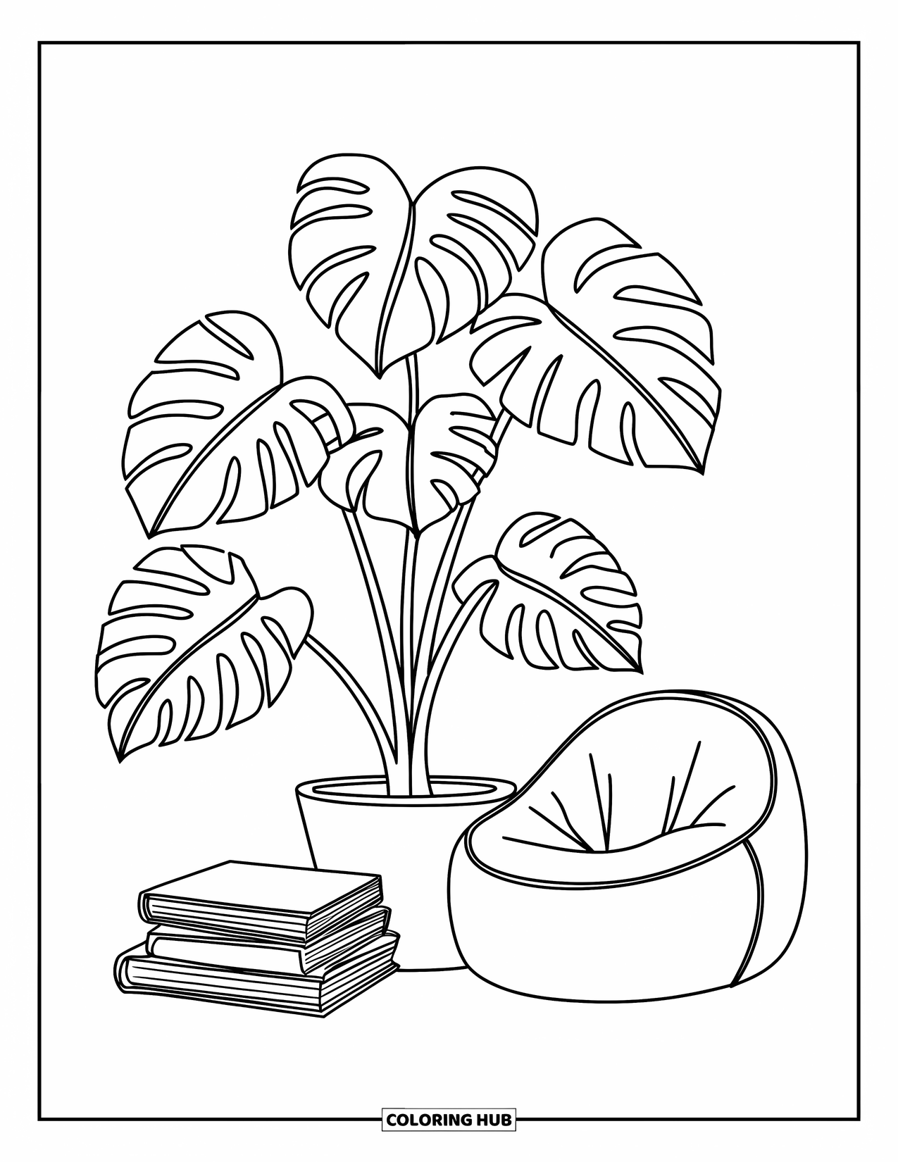 Desenho de Planta para Colorir para Crianças: Uma monstera de folha grande cresce ao lado de uma poltrona puff e livros