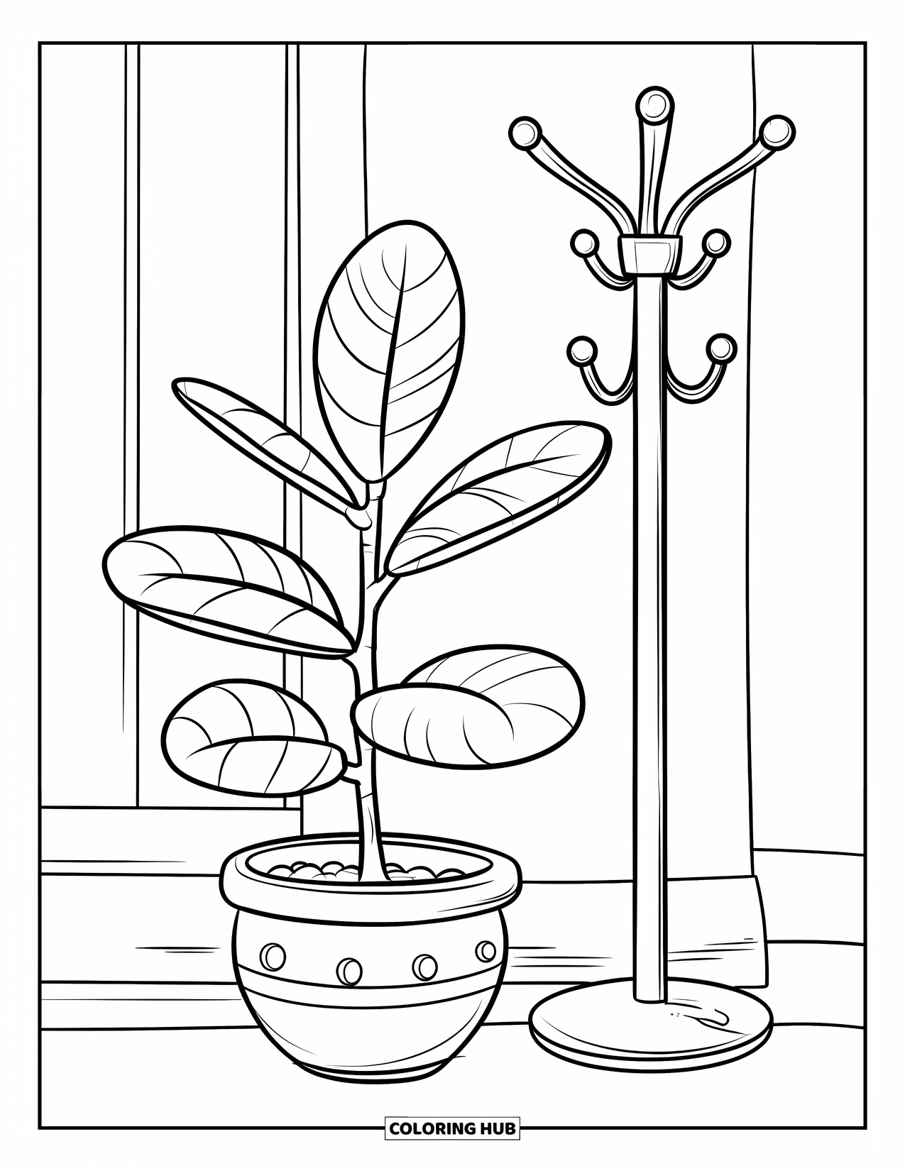 Desenho de Planta para Colorir para Crianças: Uma planta de borracha de folha grande cresce ao lado de um cabide na parede