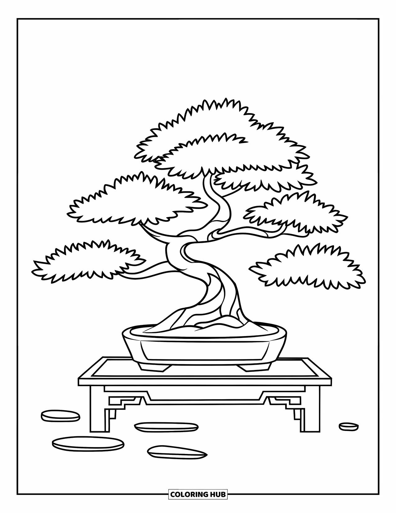 Desenho de Planta para Colorir para Crianças: Um bonsai repousa sobre uma mesa com pedras em um local tranquilo