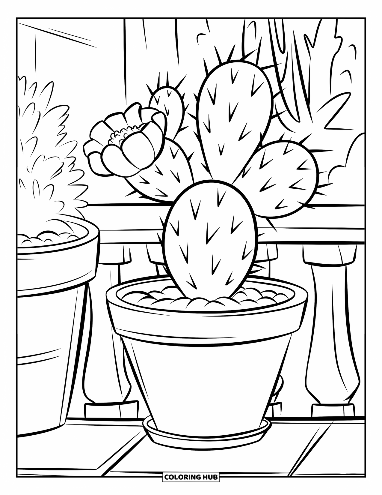 Desenho de Planta para Colorir para Crianças: Um cacto com uma flor está em um vaso de barro em uma varanda