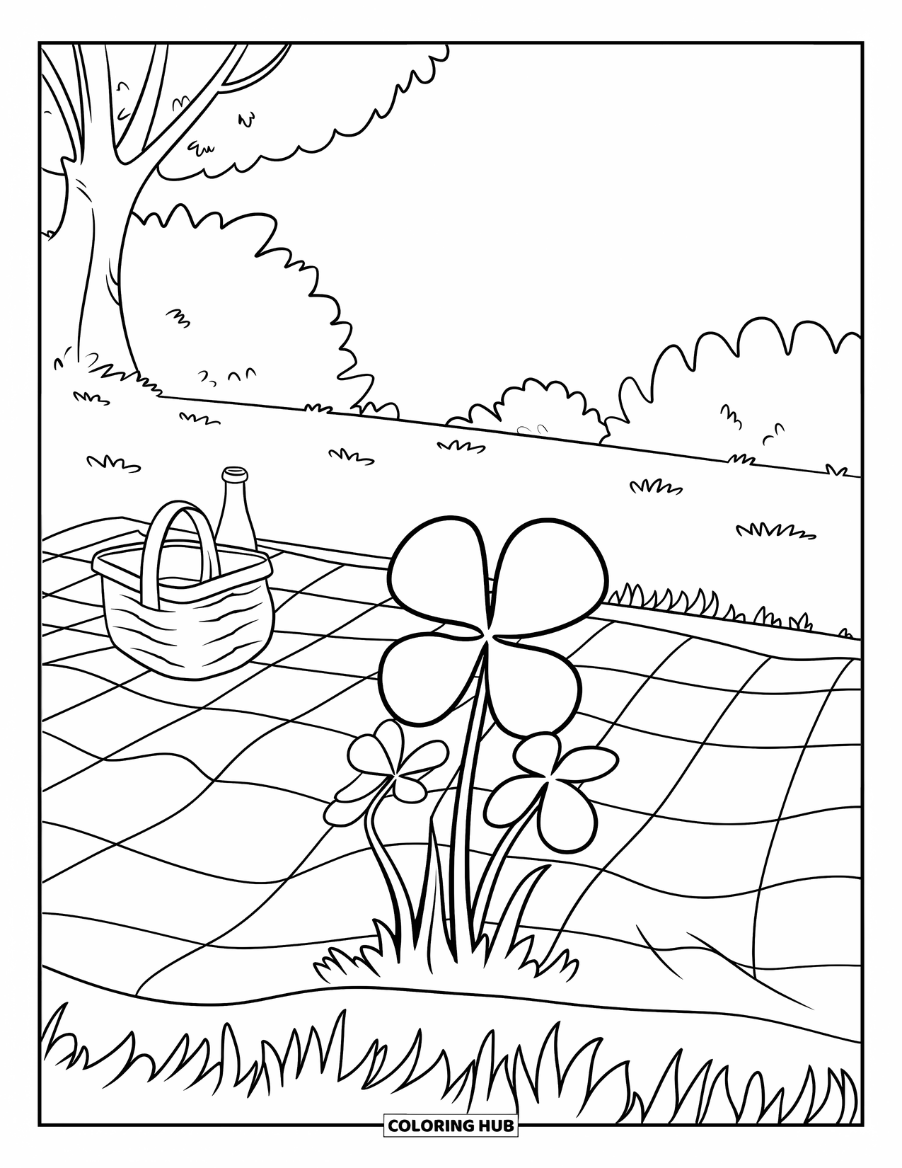 Desenho de Planta para Colorir para Crianças: Um trevo brota perto de um piquenique em um parque verde