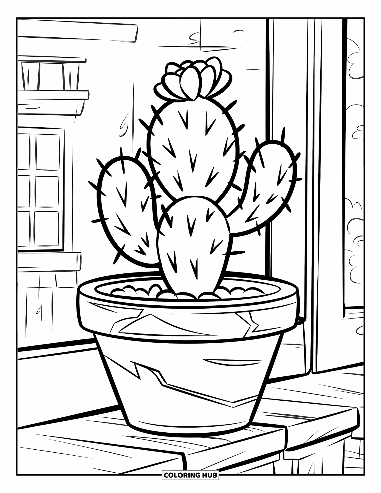 Desenho de Planta para Colorir para Crianças: Um cacto florido está em um vaso de barro em uma prateleira ensolarada
