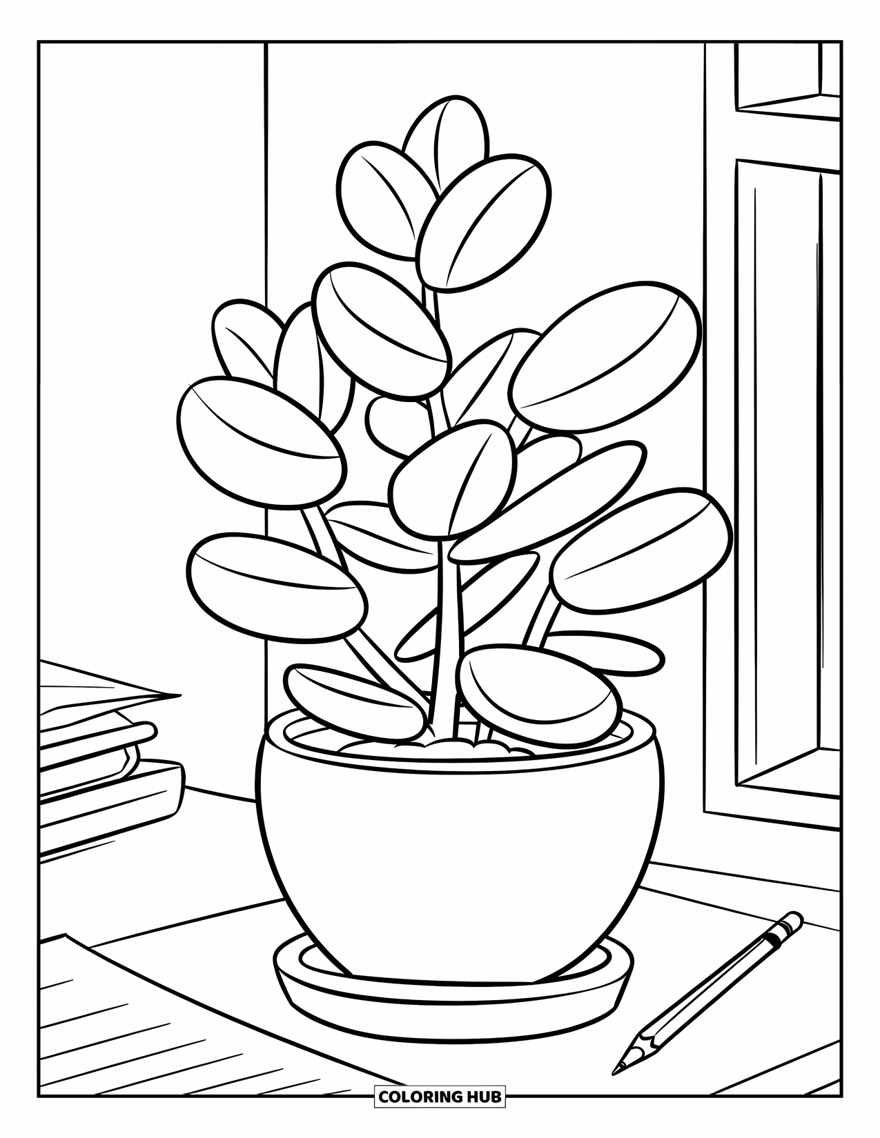 Desenho de Planta para Colorir para Crianças: Uma planta jade cresce em um vaso em uma escrivaninha aconchegante para fazer a lição de casa