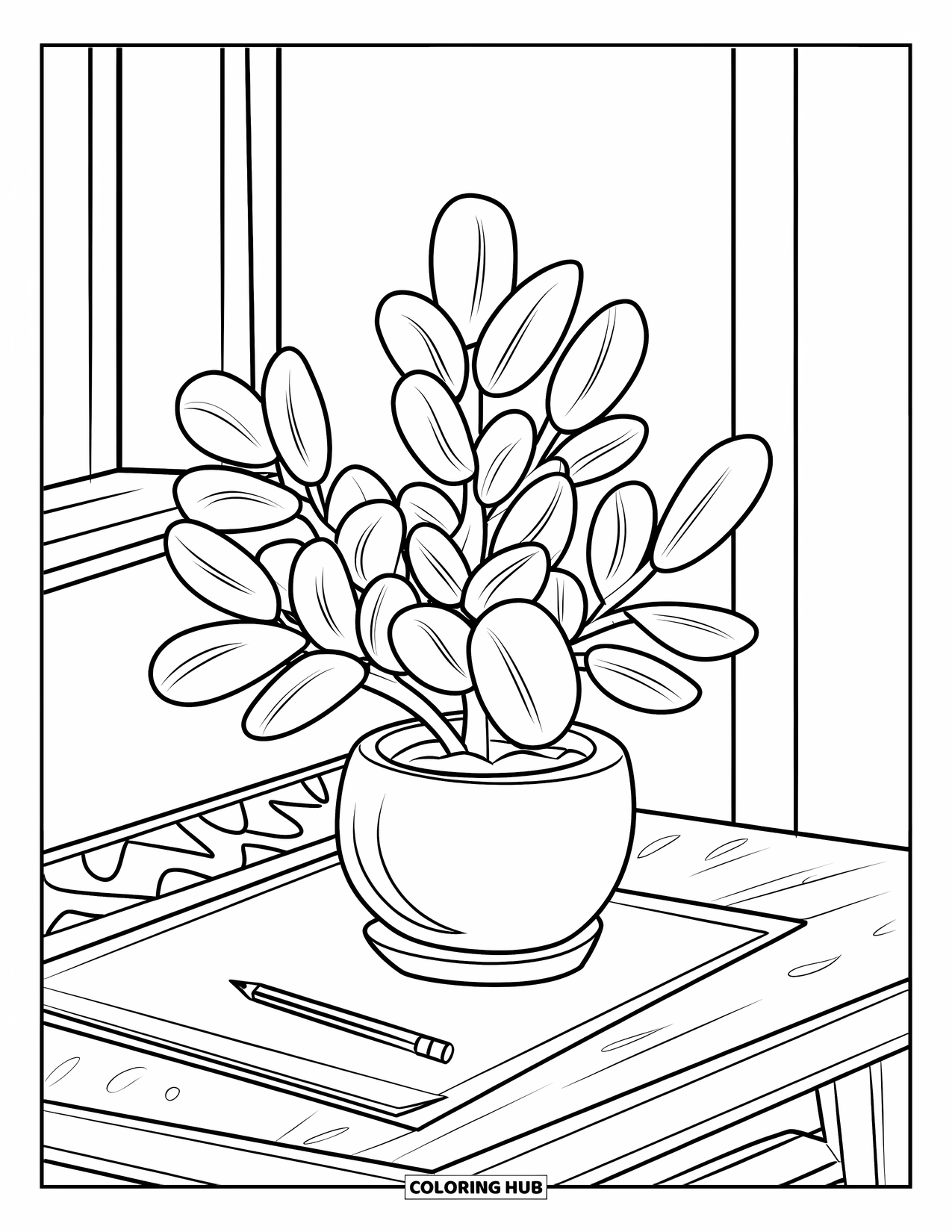 Desenho de Planta para Colorir para Crianças: Uma planta jade está sobre uma escrivaninha ao lado de um lápis