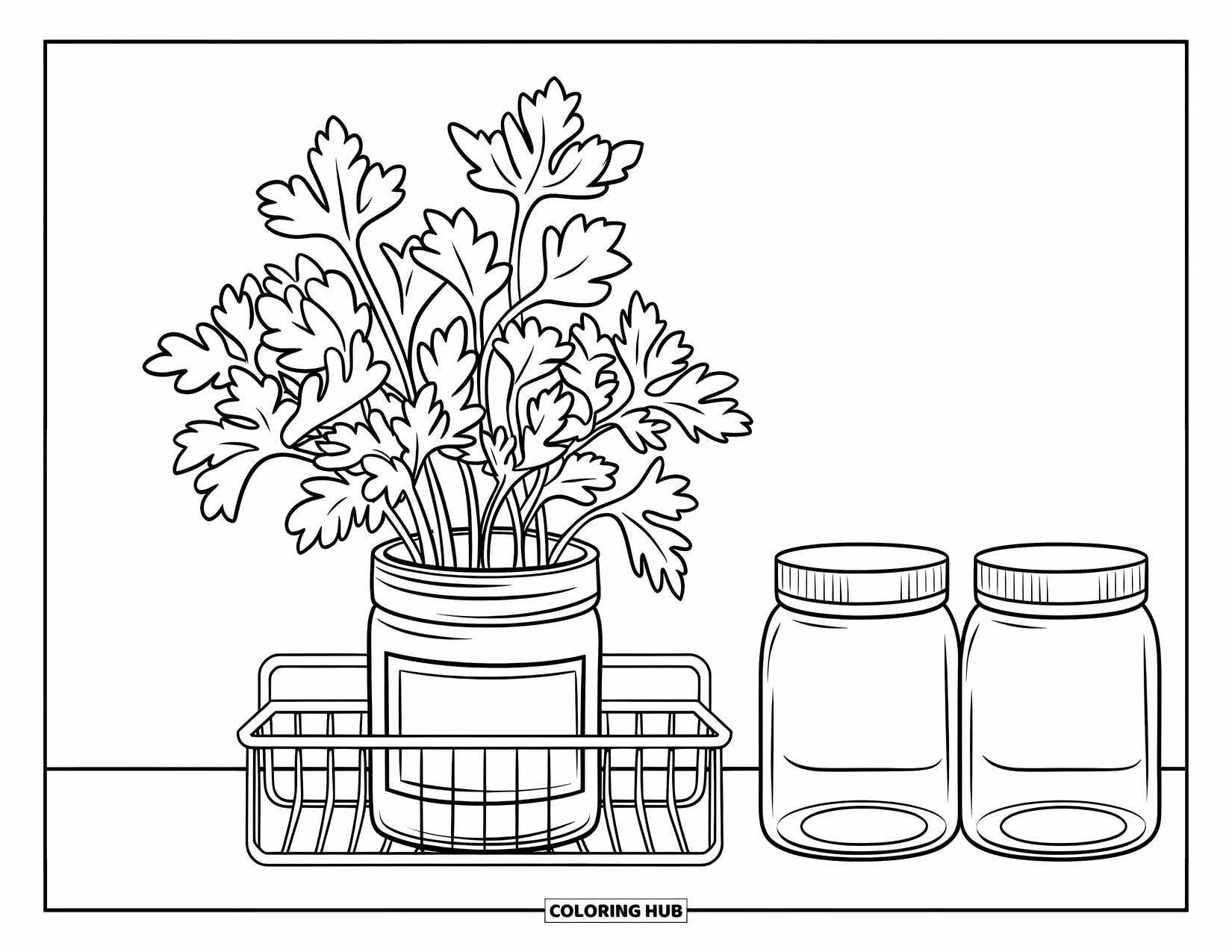Desenho de Planta para Colorir para Crianças: Um pote rotulado de salsa está em um pequeno rack de ervas interno