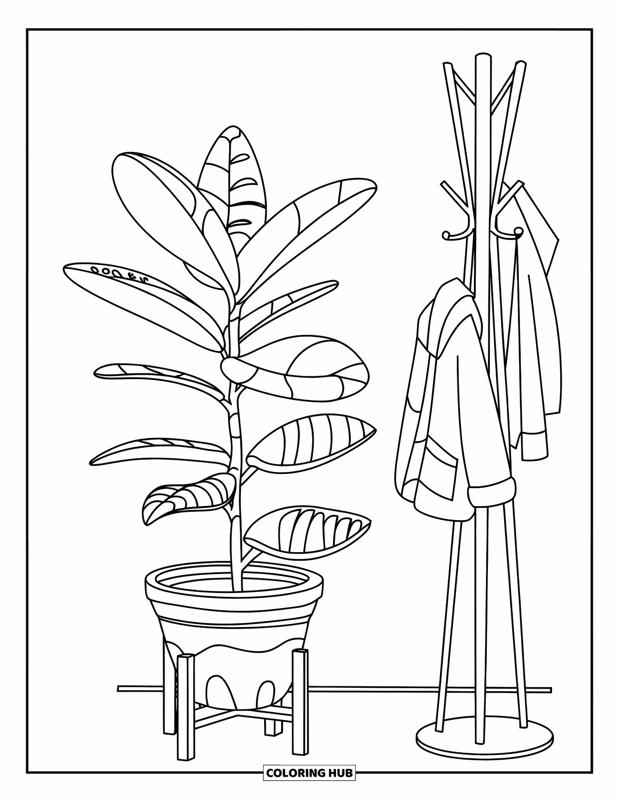 Desenho de Planta para Colorir para Crianças: Uma grande planta de borracha fica ao lado de um cabide de casacos