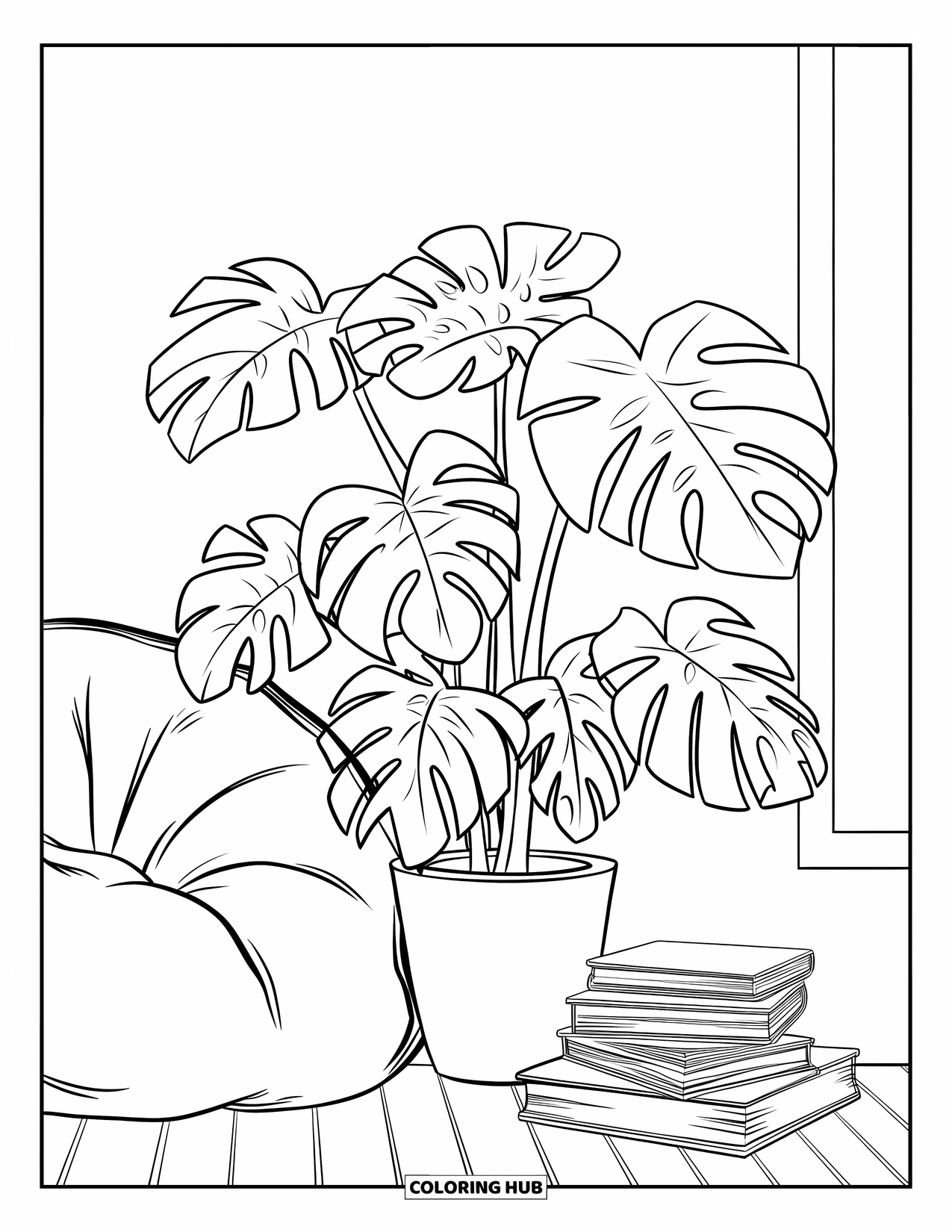 Desenho de Planta para Colorir para Crianças: Uma planta monstera frondosa fica perto de um puff e livros