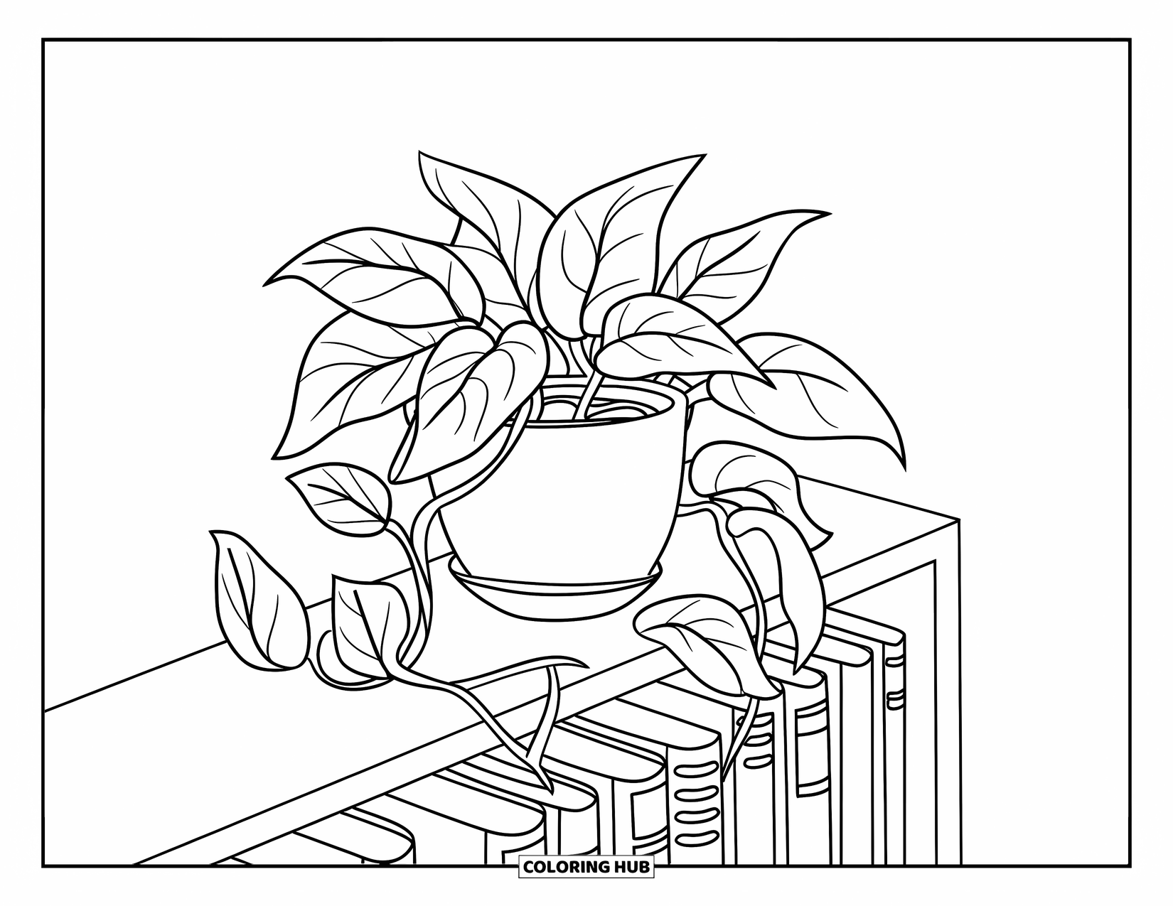 Desenho de Planta para Colorir para Crianças: Uma planta pothos frondosa cresce em uma estante com alguns livros