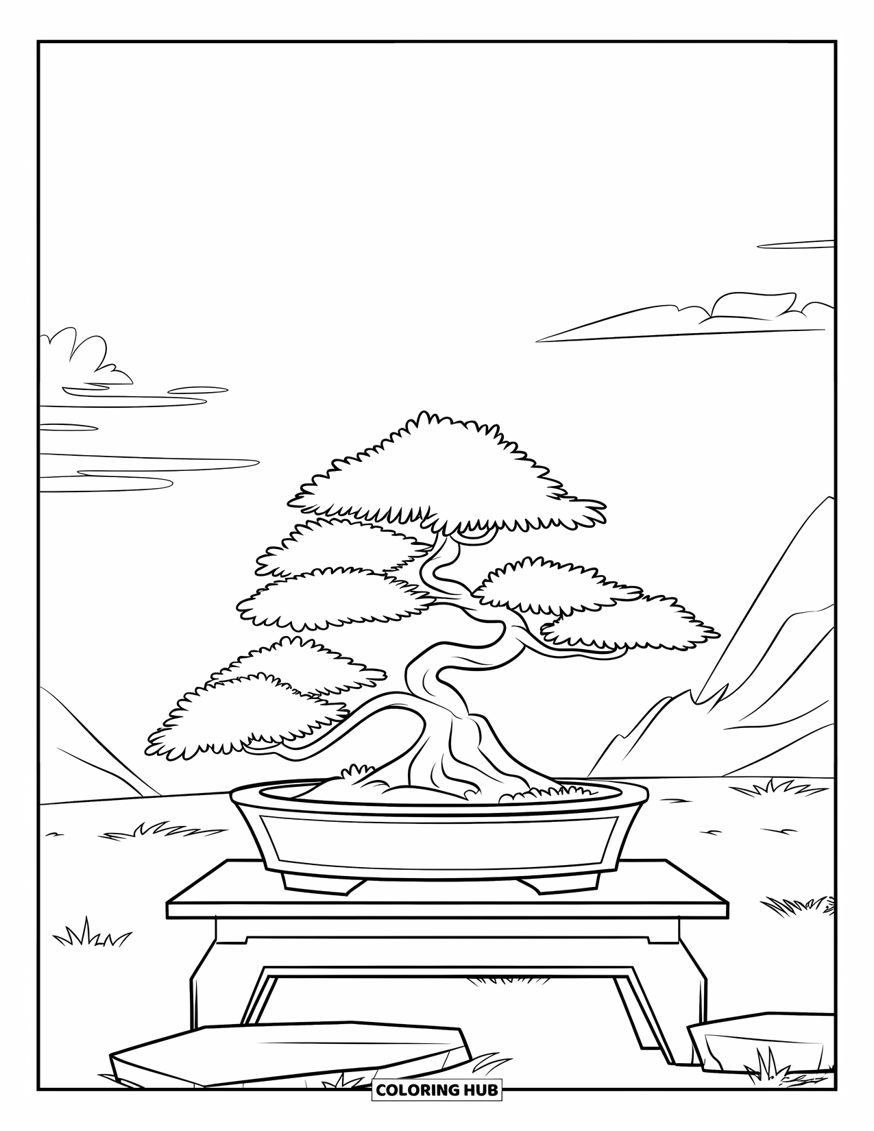 Desenho de Planta para Colorir para Crianças: Um pequeno bonsai está sobre uma mesa com pedras por perto