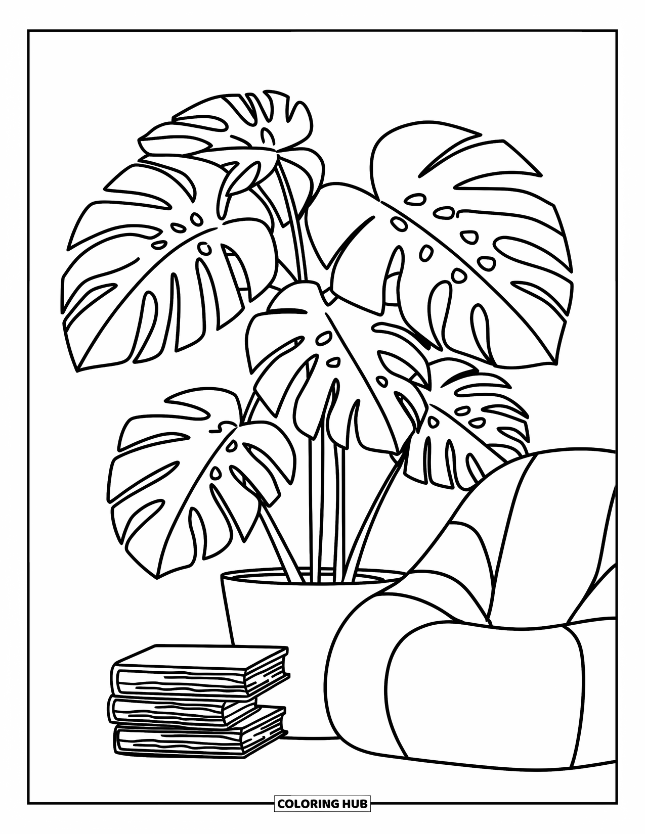 Desenho de Planta para Colorir para Crianças: Uma planta monstera fica ao lado de um puff e uma pilha de livros