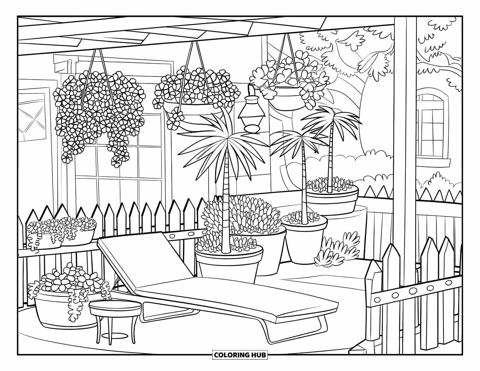 Desenho de Planta para Colorir para Crianças: Um pátio com plantas penduradas, palmeiras, uma espreguiçadeira e uma cerca de piquete
