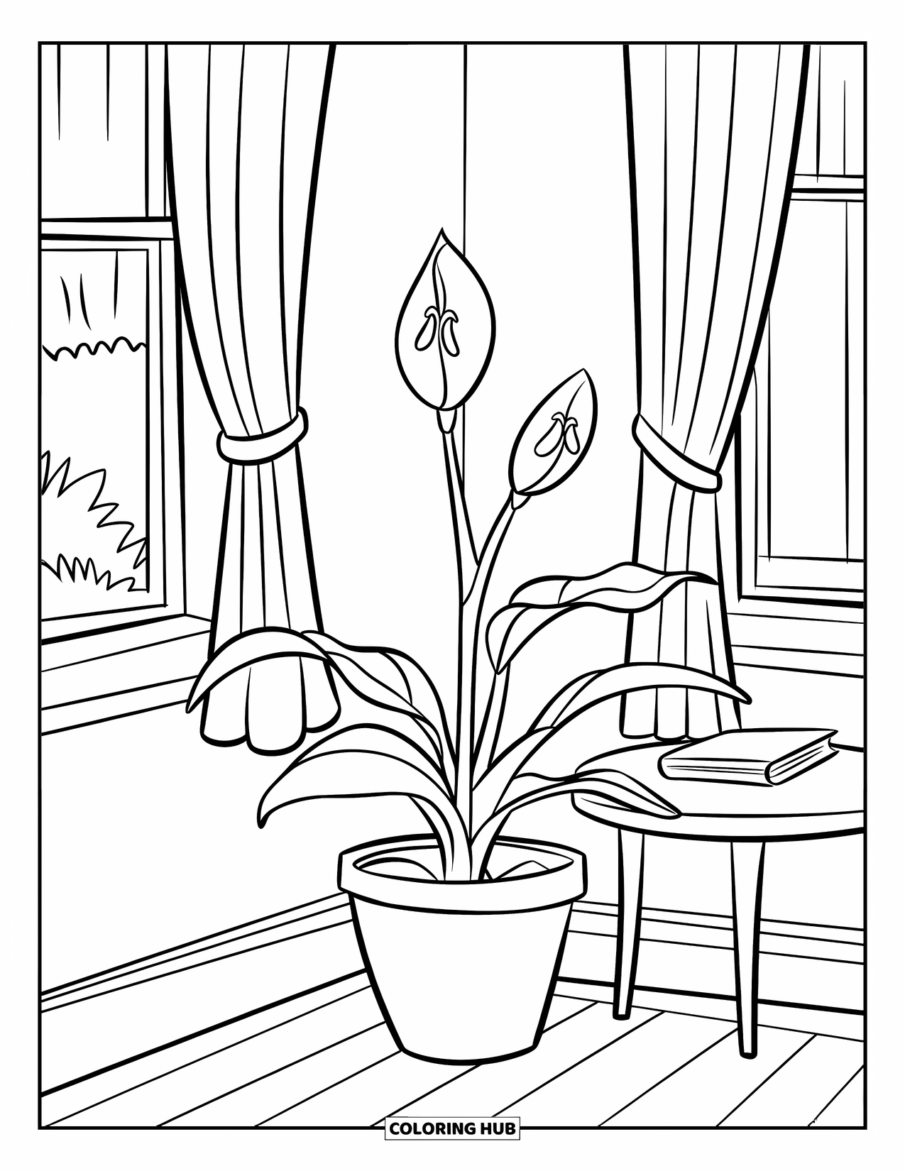 Desenho de Planta para Colorir para Crianças: Um lírio-da-paz cresce ao lado de uma pequena mesa e piso de madeira