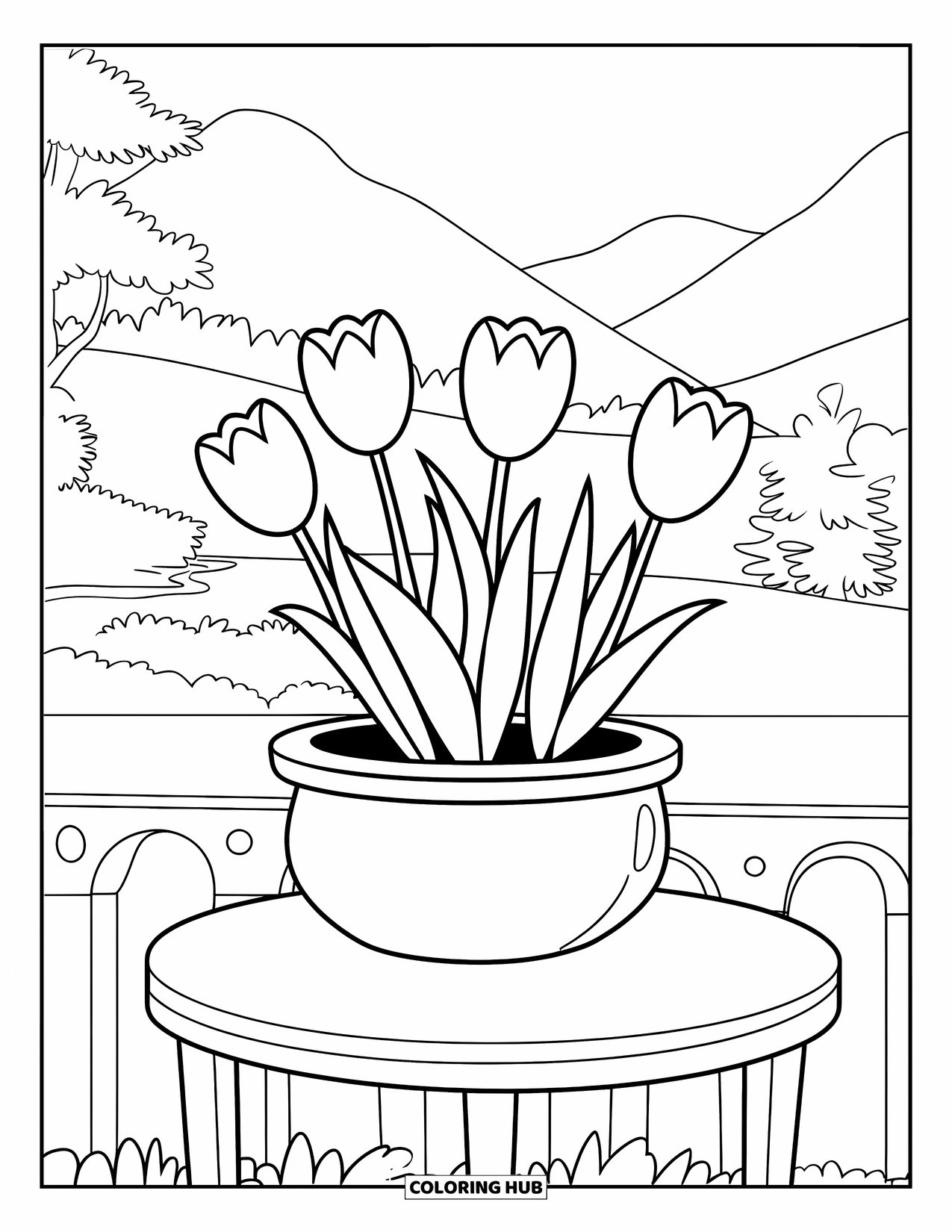 Desenho de Planta para Colorir para Crianças: Um vaso de tulipas está sobre uma mesa perto das montanhas