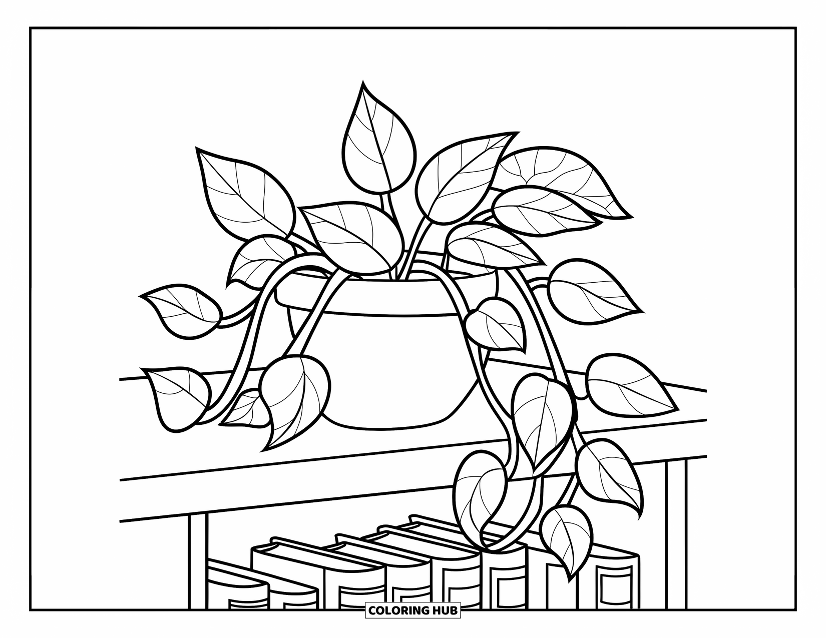 Desenho de Planta para Colorir para Crianças: Um pothos com trepadeiras enroladas está em uma estante aconchegante