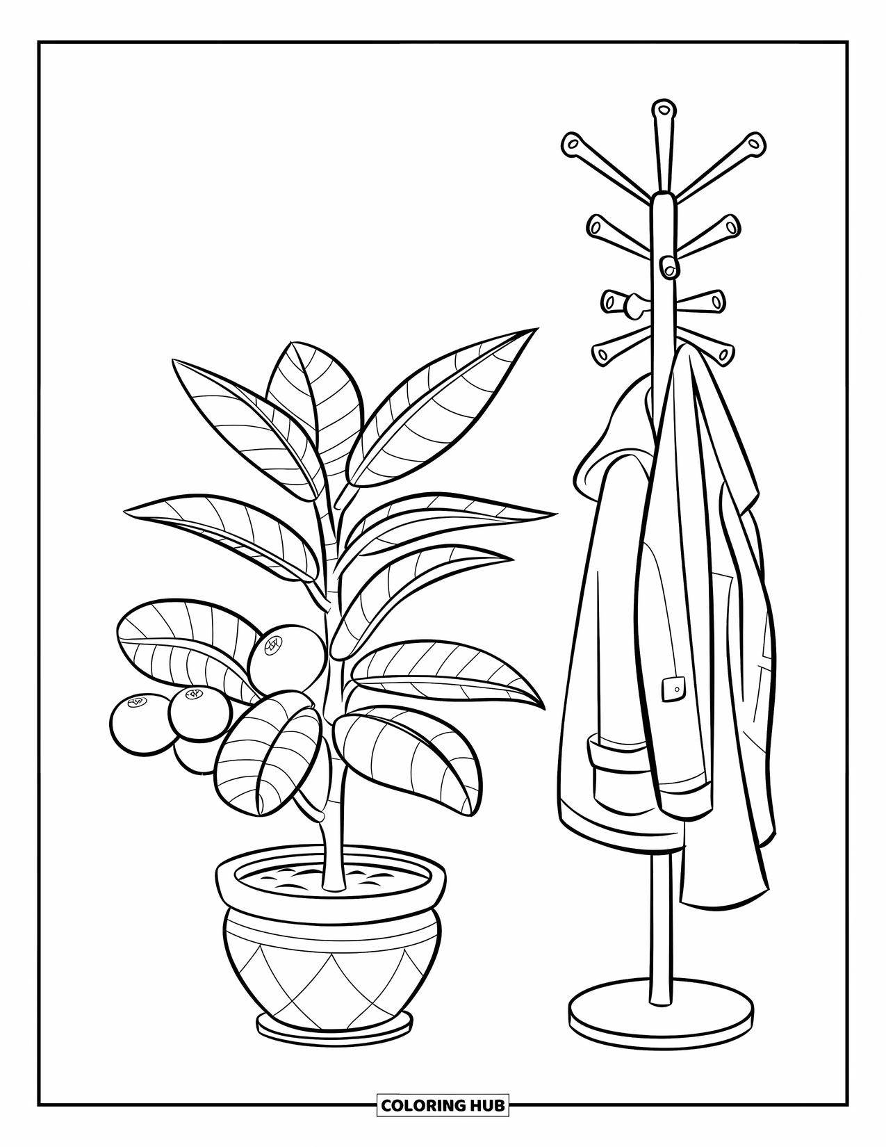 Desenho de Planta para Colorir para Crianças: Uma planta de borracha fica ao lado de um cabide com jaquetas penduradas