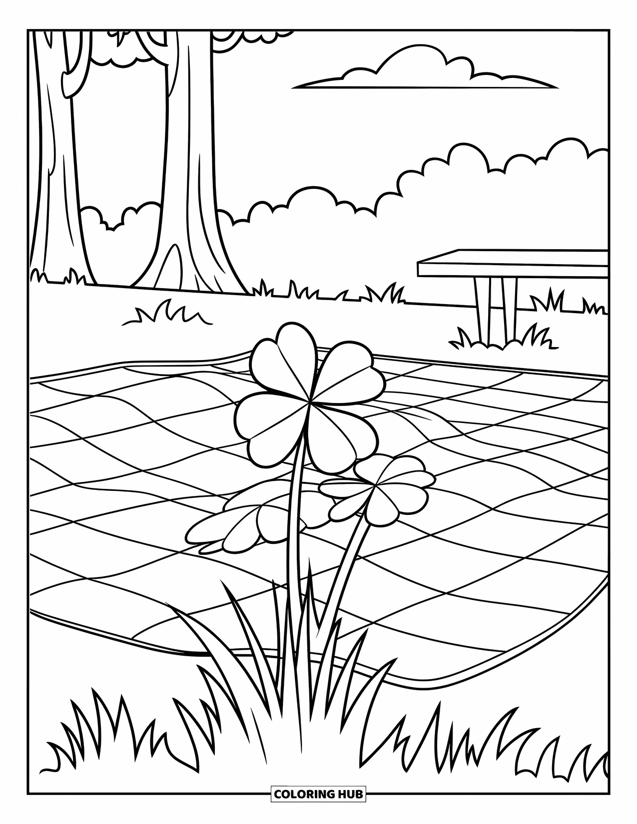 Desenho de Planta para Colorir para Crianças: Um pequeno trevo cresce sob uma toalha de piquenique na grama