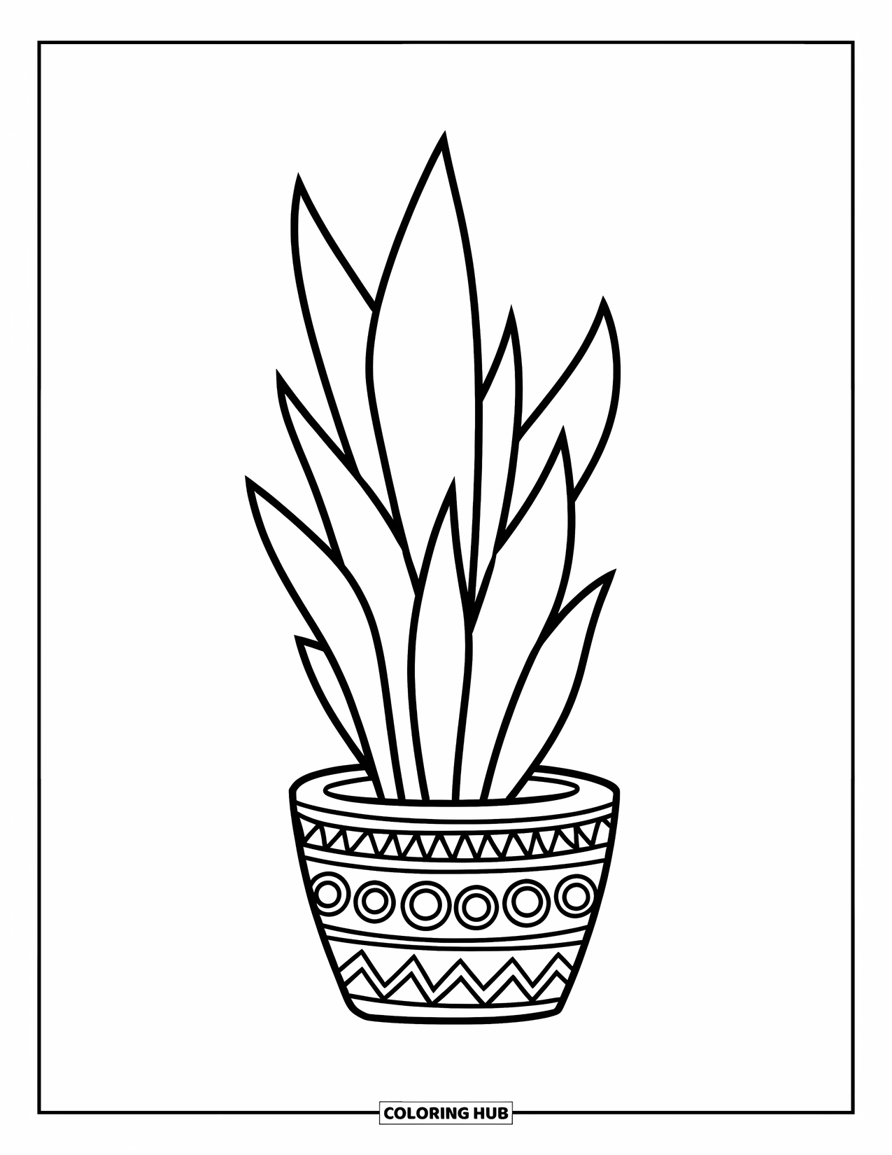 Desenho de Planta para Colorir para Crianças: Uma planta cobra com folhas altas está em um vaso fofo no chão