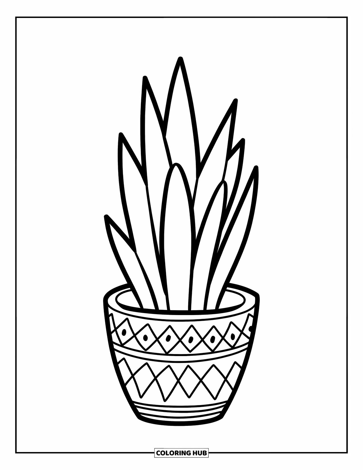Desenho de Planta para Colorir para Crianças: Uma planta cobra alta está em um vaso estampado com folhas marcantes