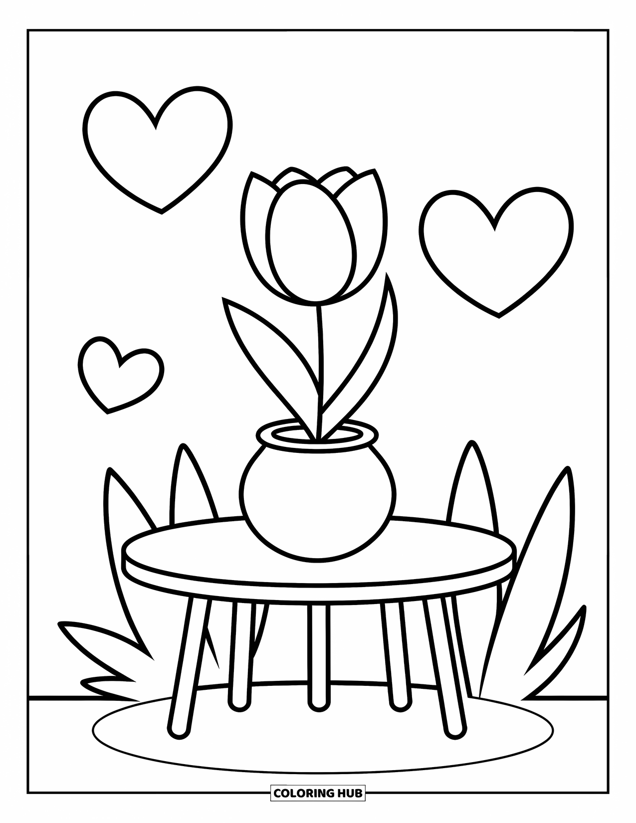 Desenho de Planta para Colorir para Crianças: Uma tulipa em um vaso repousa sobre uma mesa com rabiscos de coração por perto