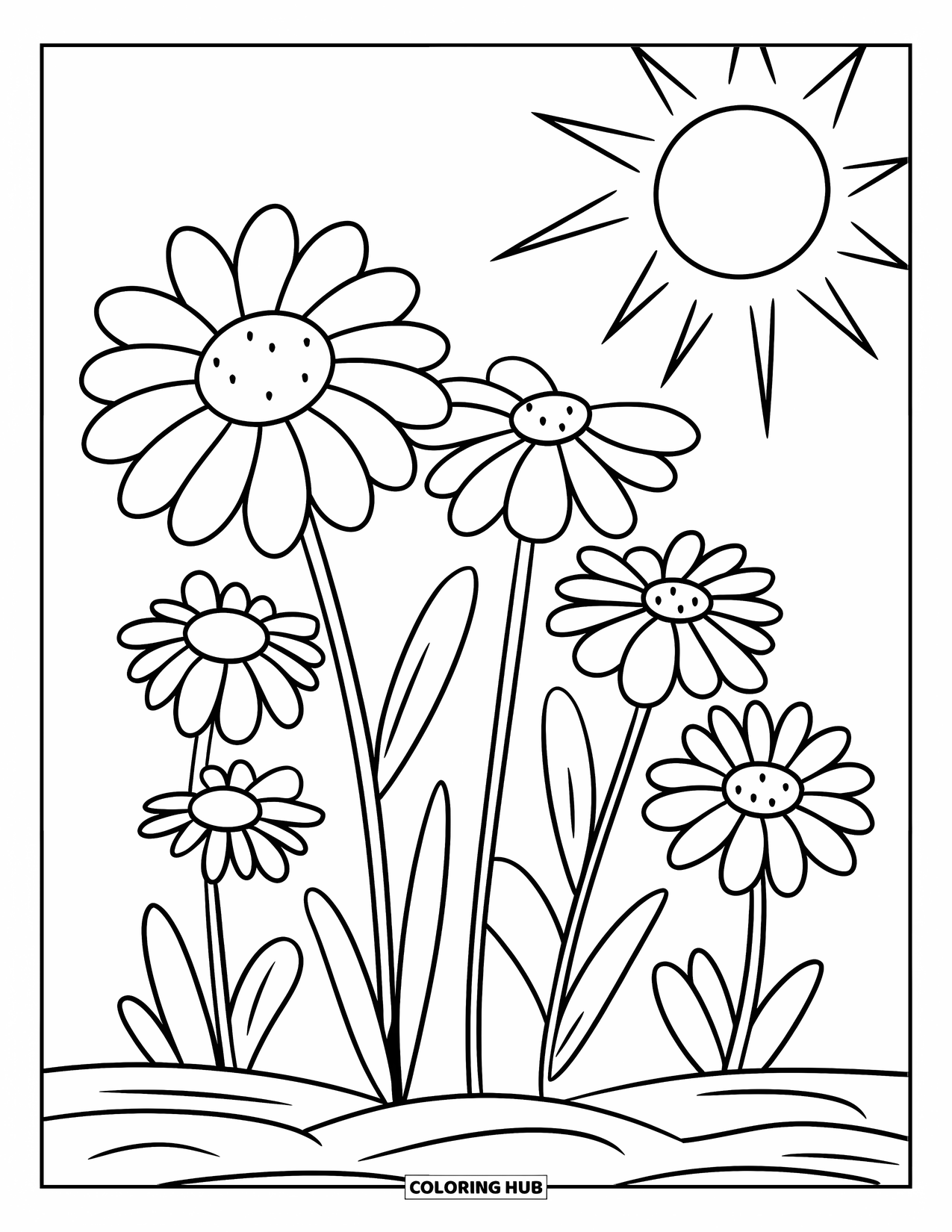 Desenho de Planta para Colorir para Crianças: Margaridas florescem em solo macio sob um sol feliz