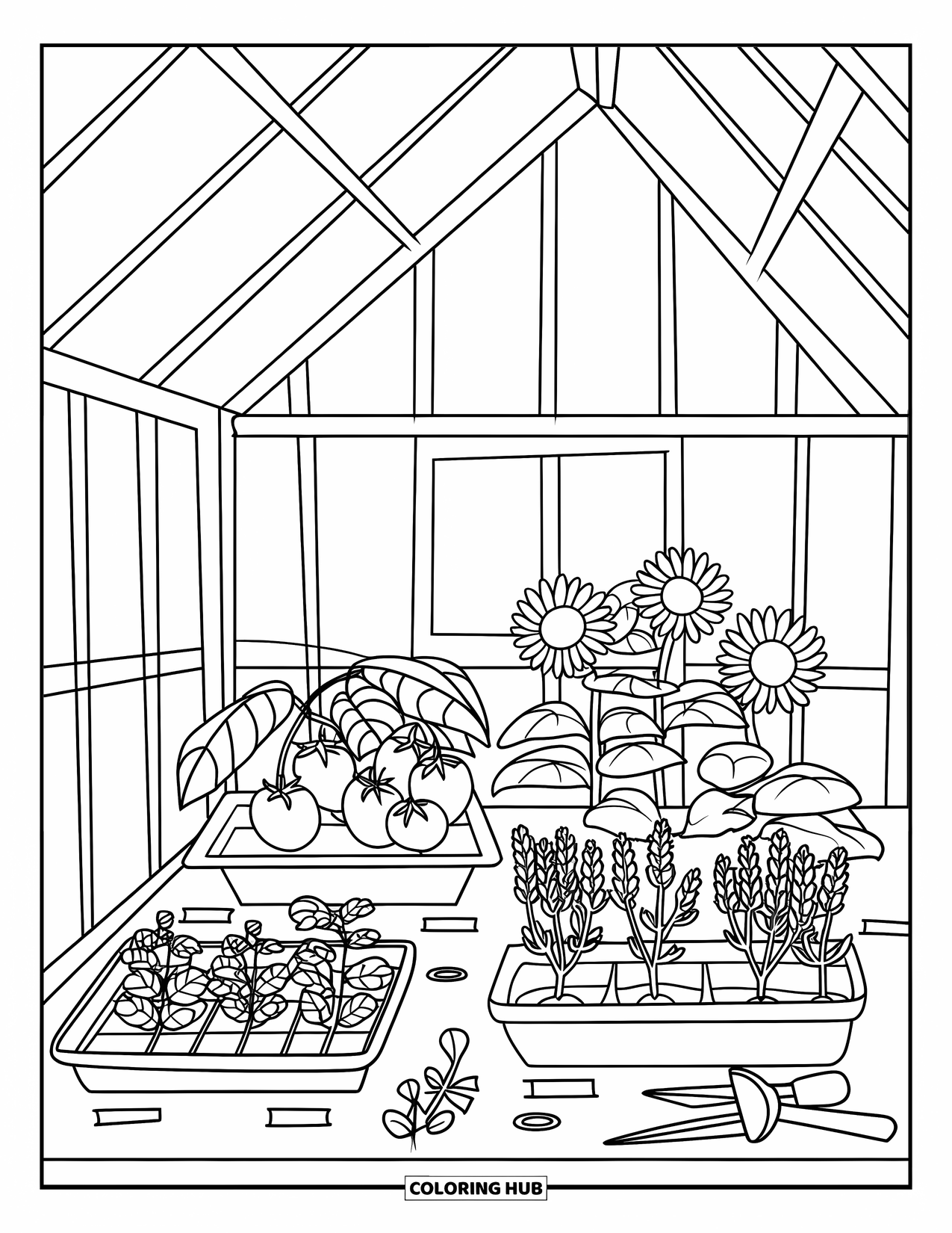 Desenho de Planta para Colorir para Crianças: Dentro de uma estufa, uma mesa de jardinagem contém bandejas de mudas e ferramentas de jardinagem