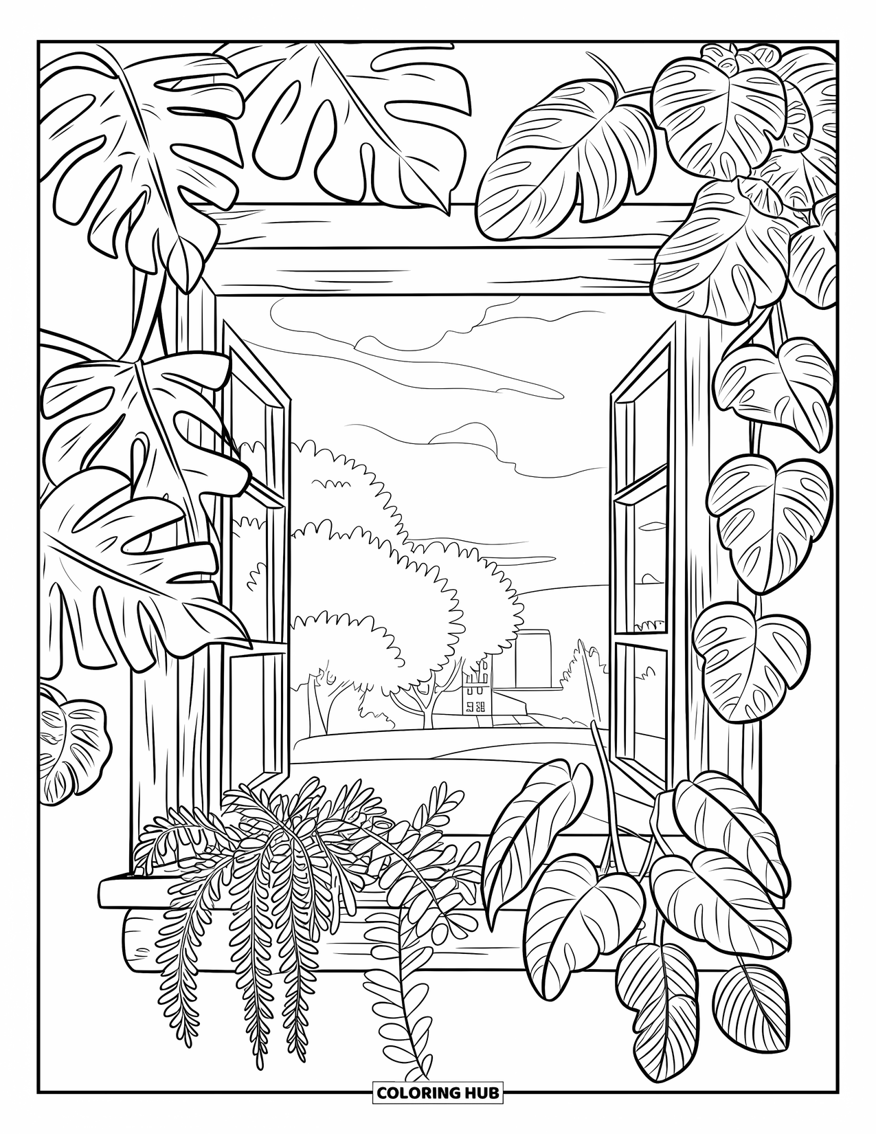 Desenho de Planta para Colorir para Crianças: Grandes plantas frondosas estão em uma prateleira de madeira ao lado de uma janela ligeiramente rachada