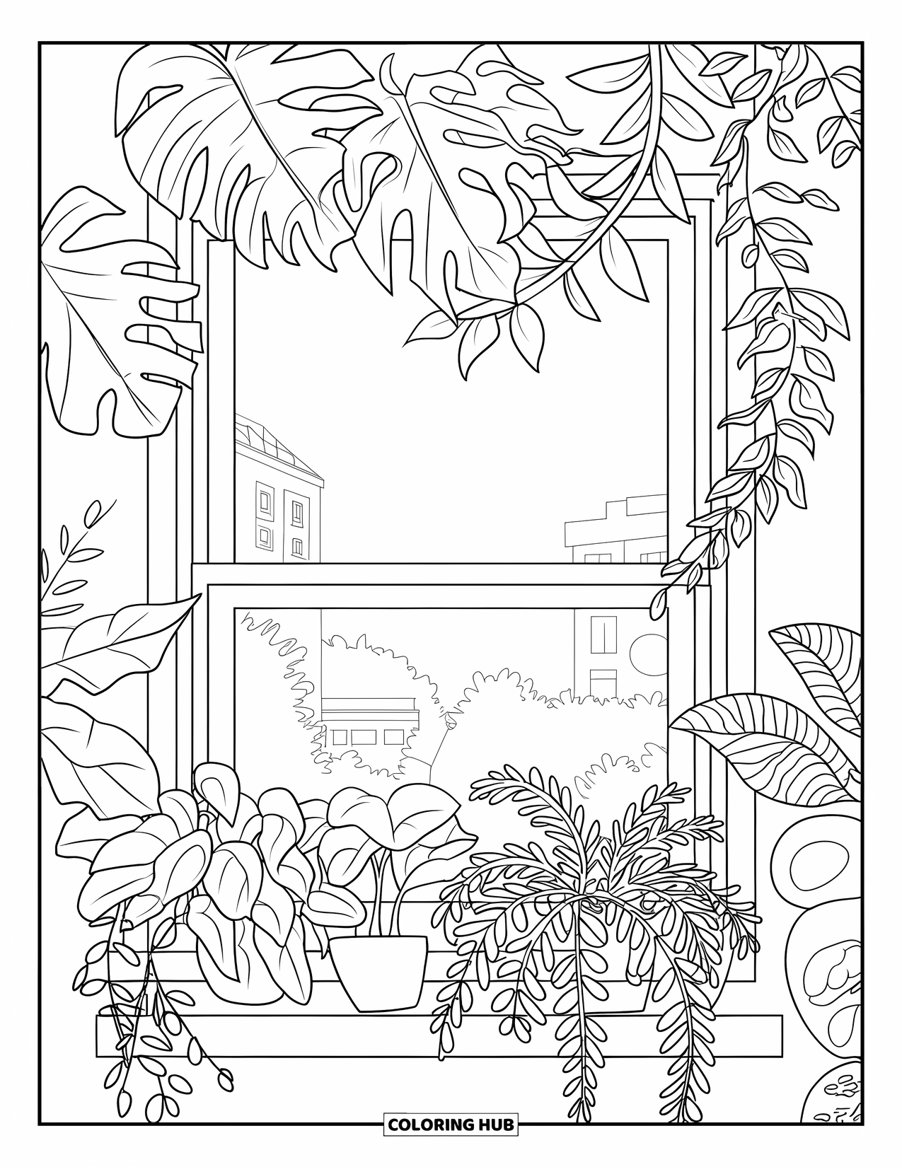 Desenho de Planta para Colorir para Crianças: Plantas frondosas enchem uma janela, emoldurando uma vista suave de árvores e edifícios