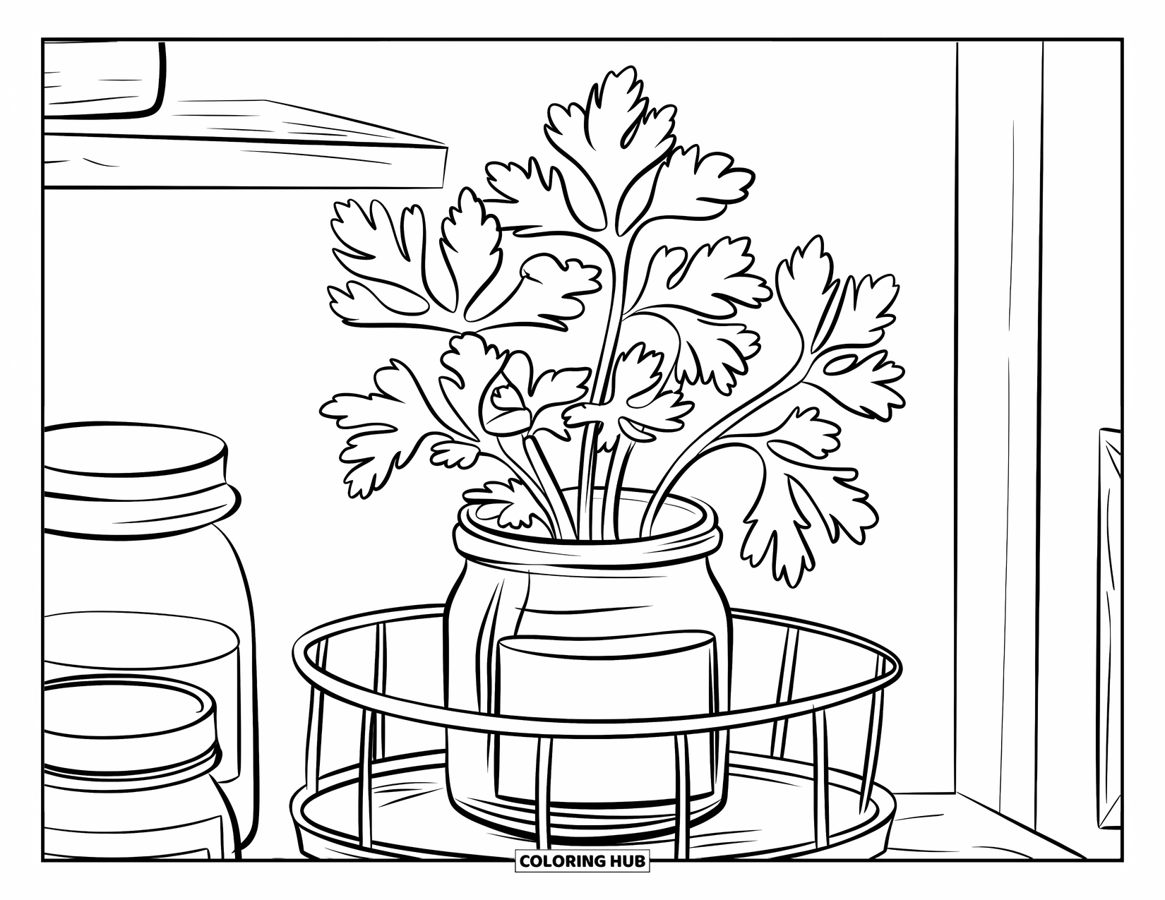 Desenho de Planta para Colorir para Crianças: A salsa cresce em um pote rotulado em um rack de ervas organizado em ambientes fechados