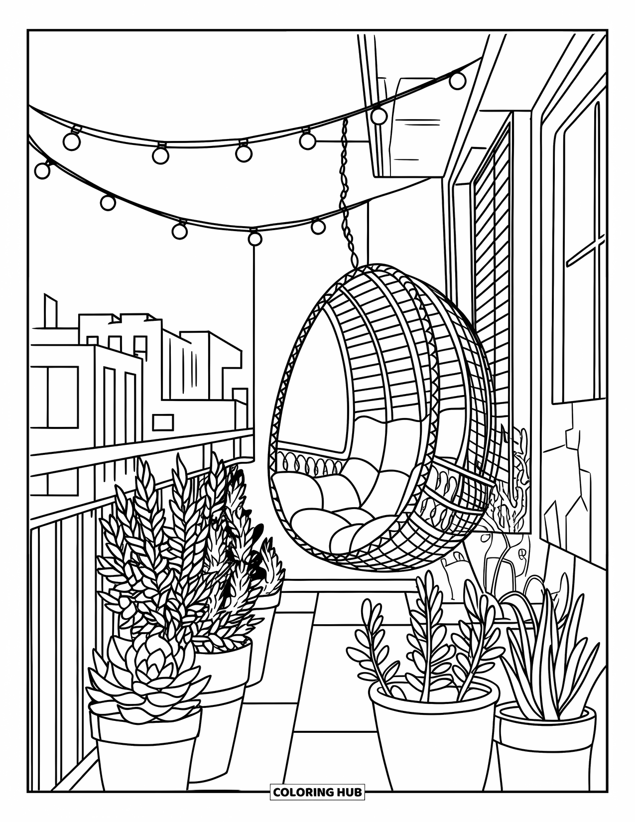 Desenho de Planta para Colorir para Crianças: Ervas em vasos e luzes de corda decoram uma varanda aconchegante da cidade com uma cadeira suspensa
