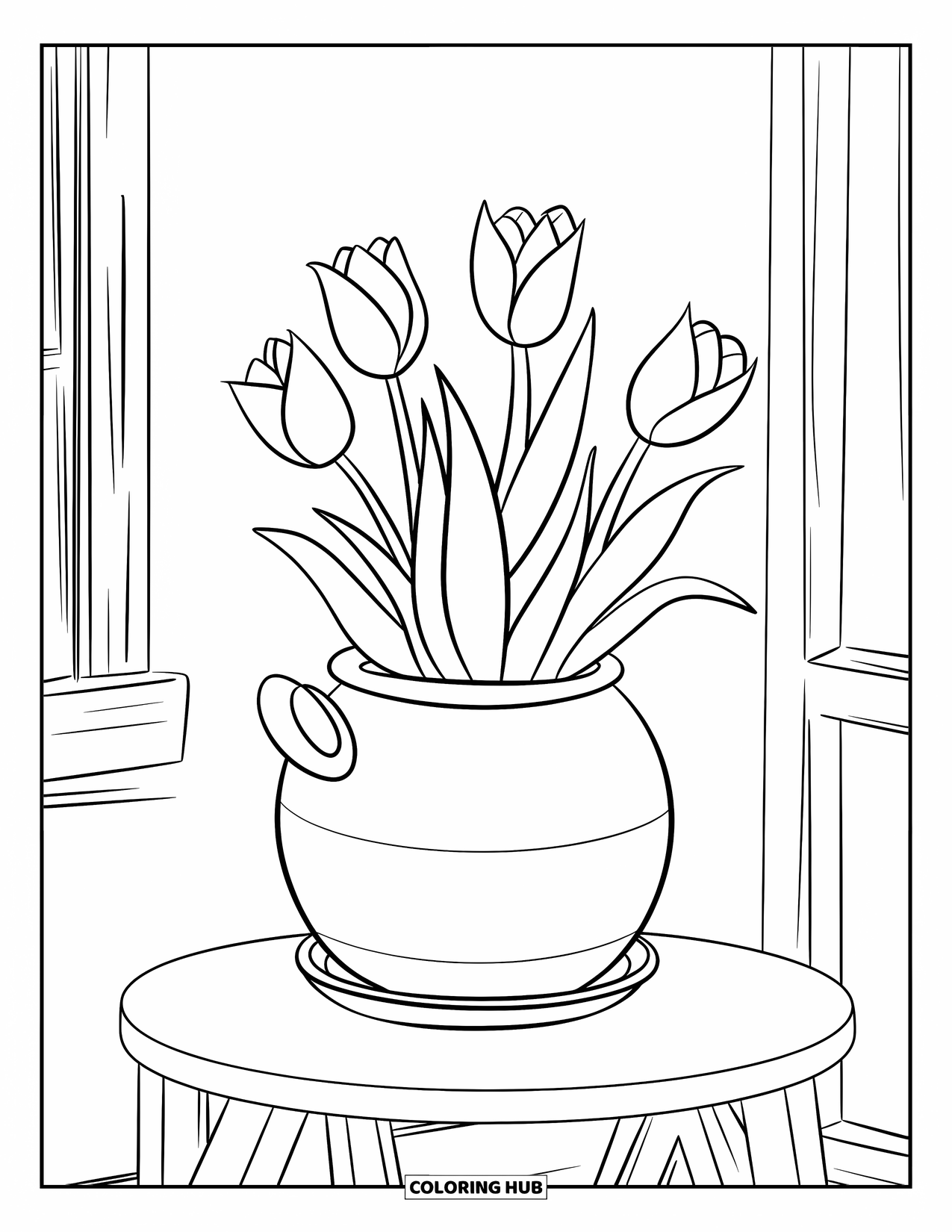 Desenho de Planta para Colorir para Crianças: Tulipas florescem em um vaso com alça sobre uma mesa de madeira