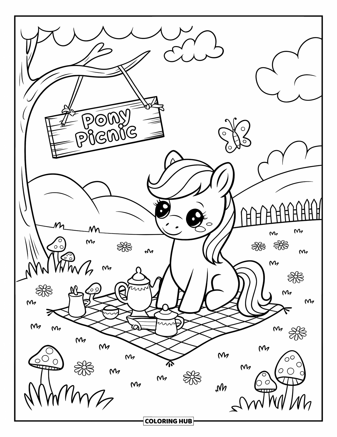 Pony Ausmalbild für Erwachsene: Eine gemütliche Pony-Picknick-Szene mit einem Schmetterling, einem Teeservice und einem "Pony Picnic"-Schild