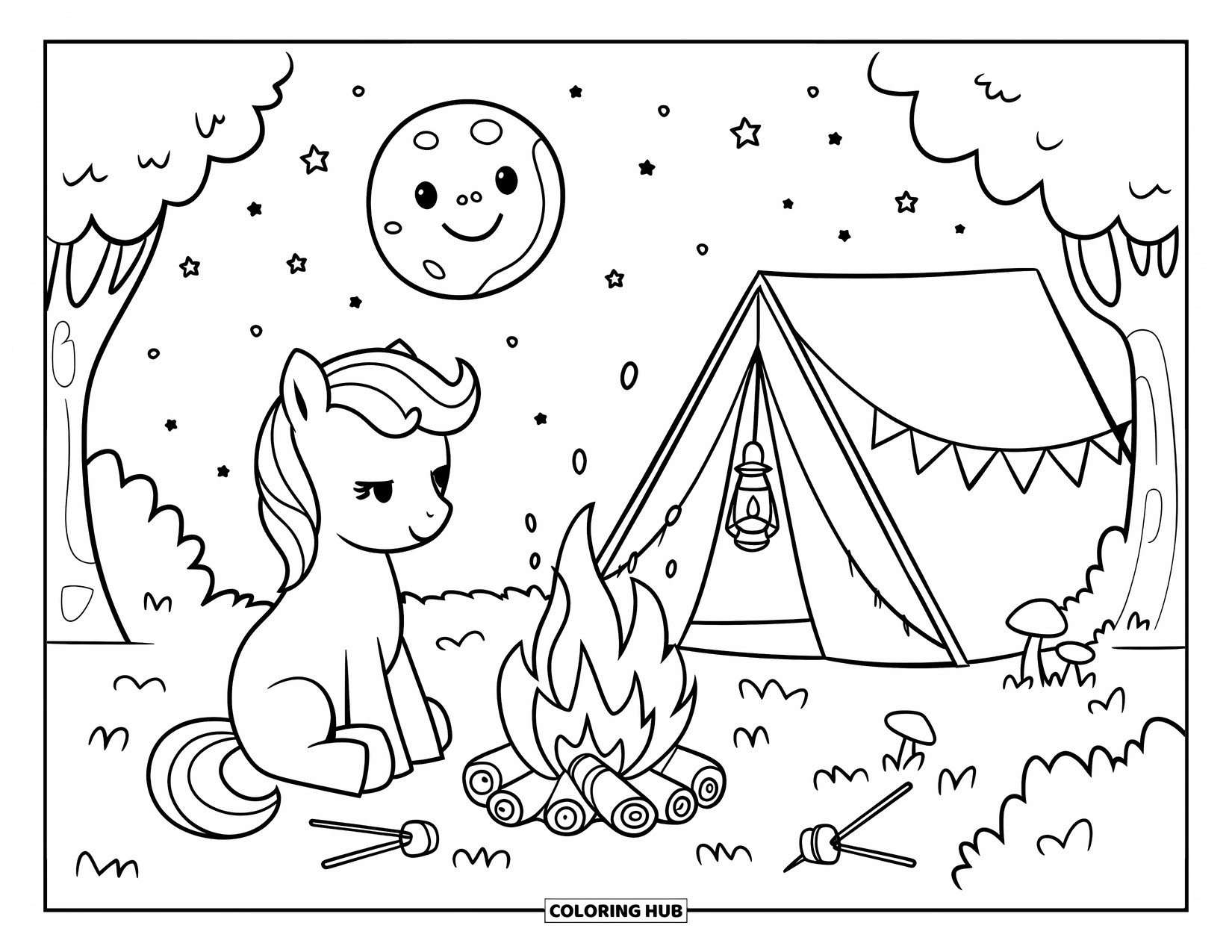 Pony Ausmalbild für Erwachsene: Eine gemütliche Pony-Szene mit einem Lagerfeuer, Marshmallows und einem lächelnden Mond über uns