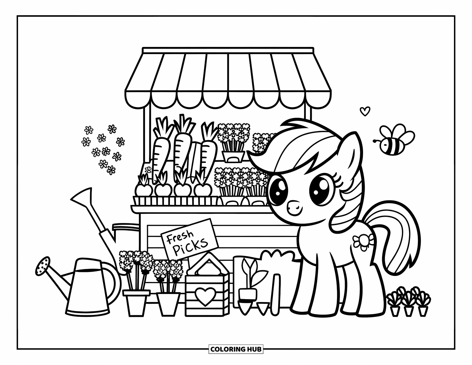 Pony Ausmalbild für Erwachsene: Ein neugieriges Pony steht neben einem winzigen Gemüse- und Blumenmarktstand