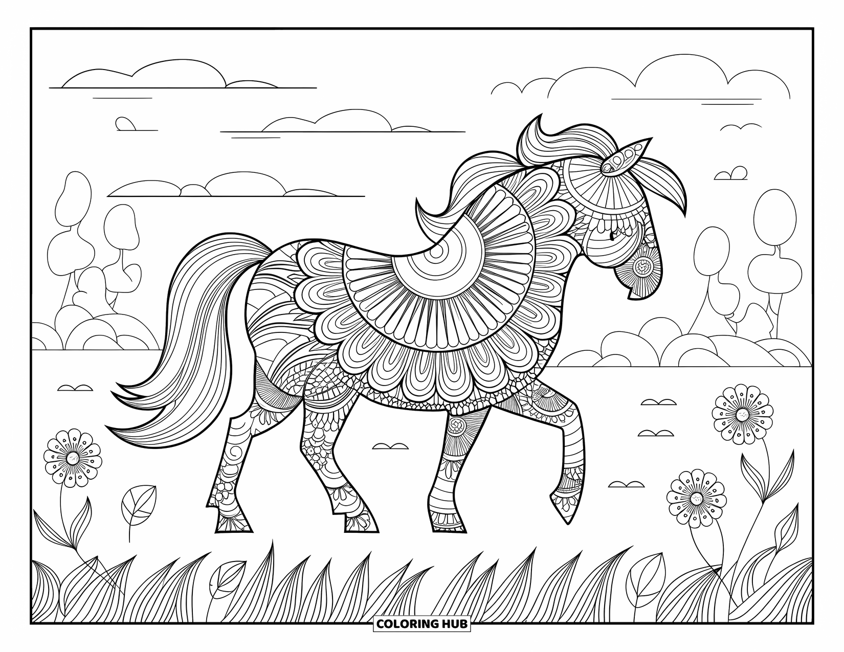 Pony Ausmalbild für Erwachsene: Ein floral gemustertes Pony geht auf einem friedlichen Feld mit Bergen und Bäumen