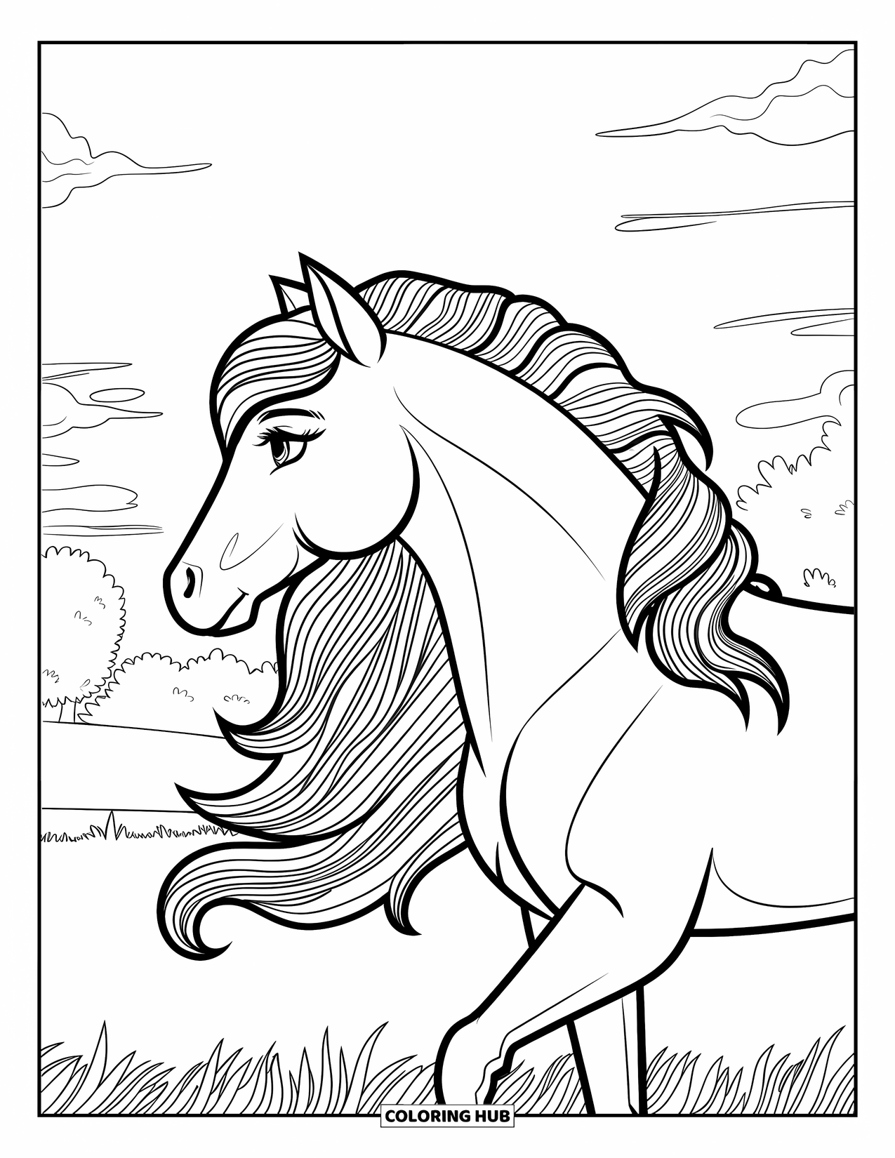 Pony Ausmalbild für Erwachsene: Ein anmutiges Pony steht auf einem Feld mit einer gewirbelten Mähne und einem bewölkten Himmel