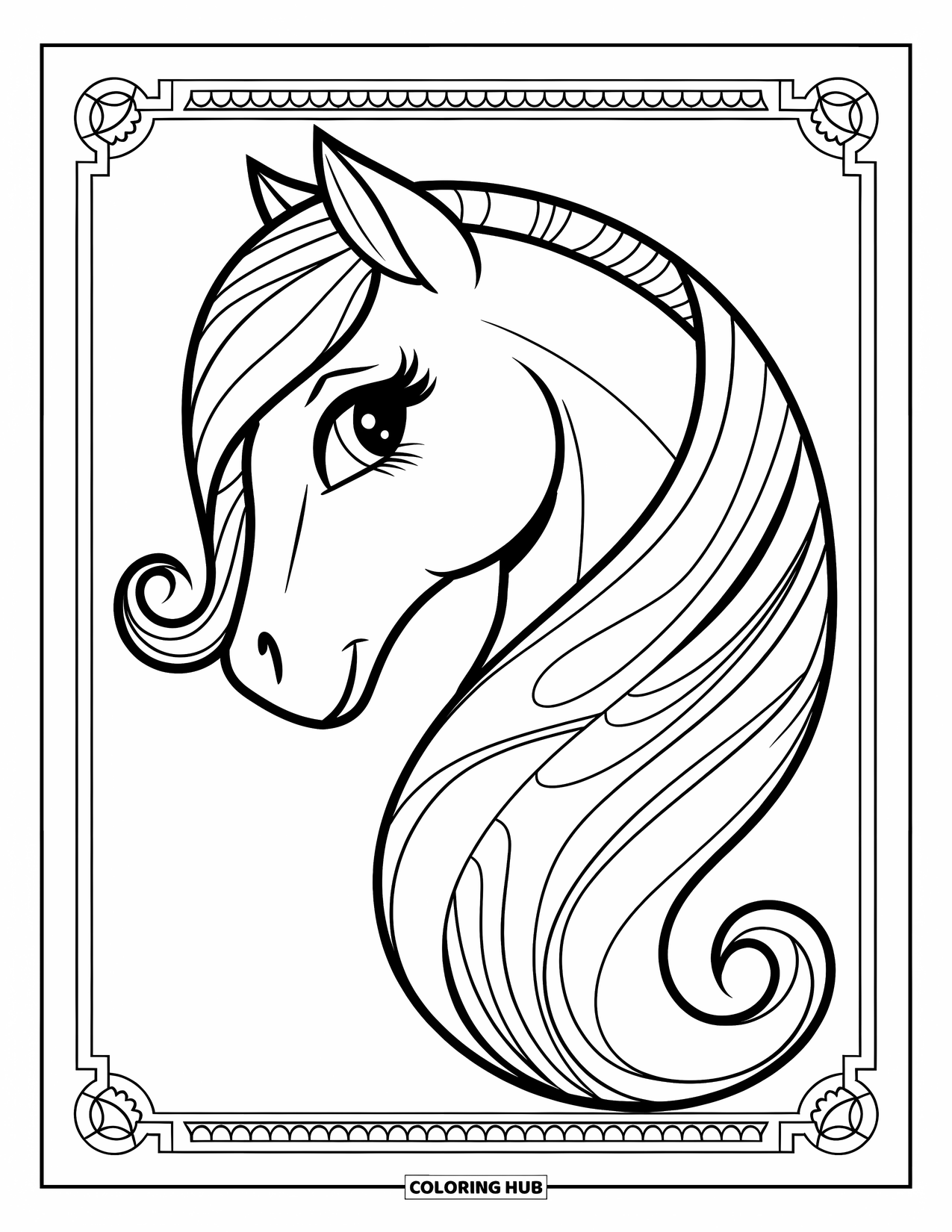 Pony Ausmalbild für Erwachsene: Ein anmutiges Pony mit einer gemusterten Mähne steht im Profil mit einer dekorativen Bordüre