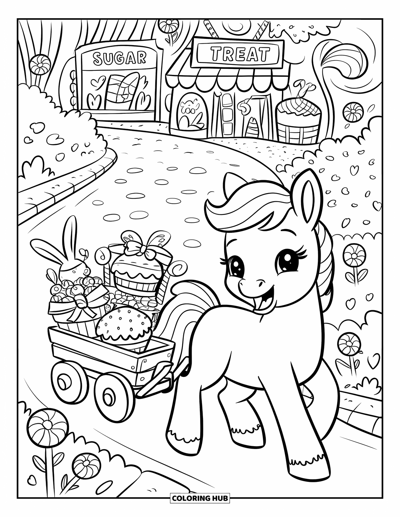 Pony Ausmalbild für Erwachsene: Ein fröhliches Pony zieht einen Wagen voller Süßigkeiten an Bonbonschildern und Lollis vorbei