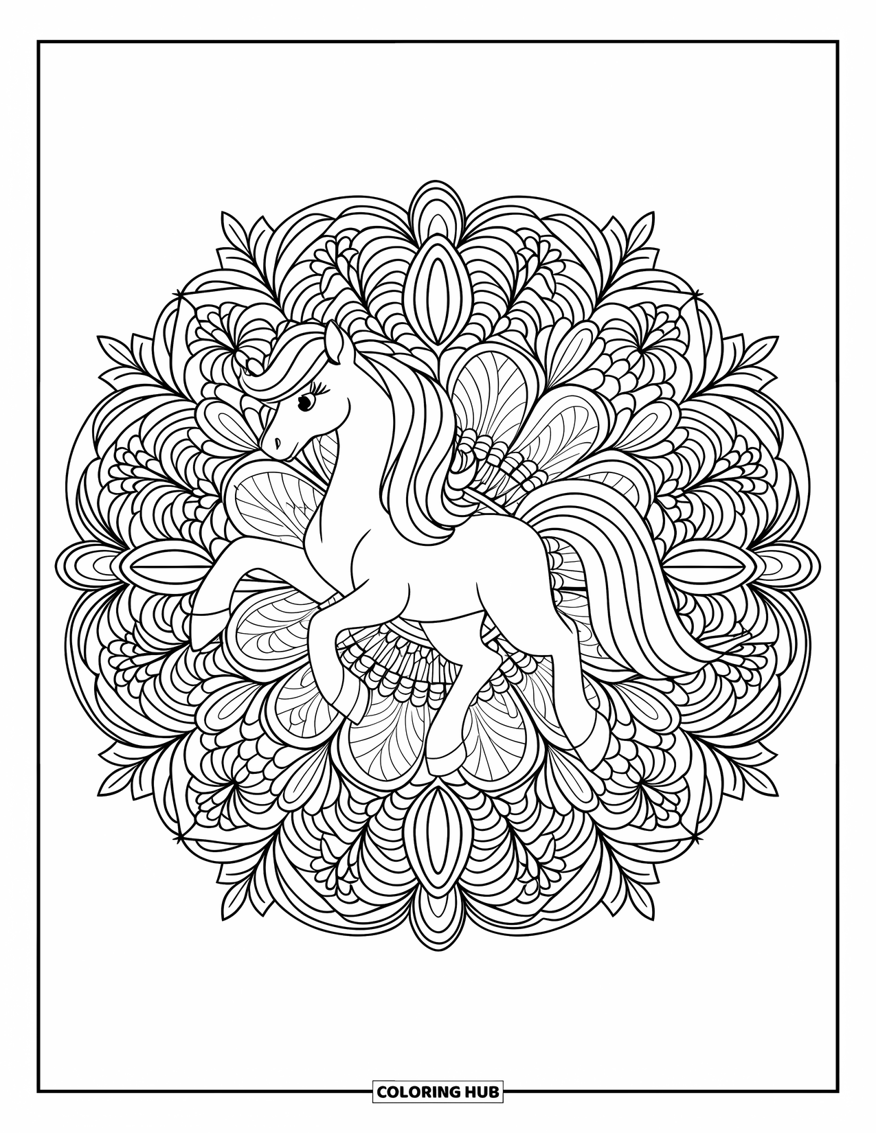 Pony Ausmalbild für Erwachsene: Ein majestätisches Pony wird von Schichten floraler Wirbel in einem kreisförmigen Mandala umrahmt
