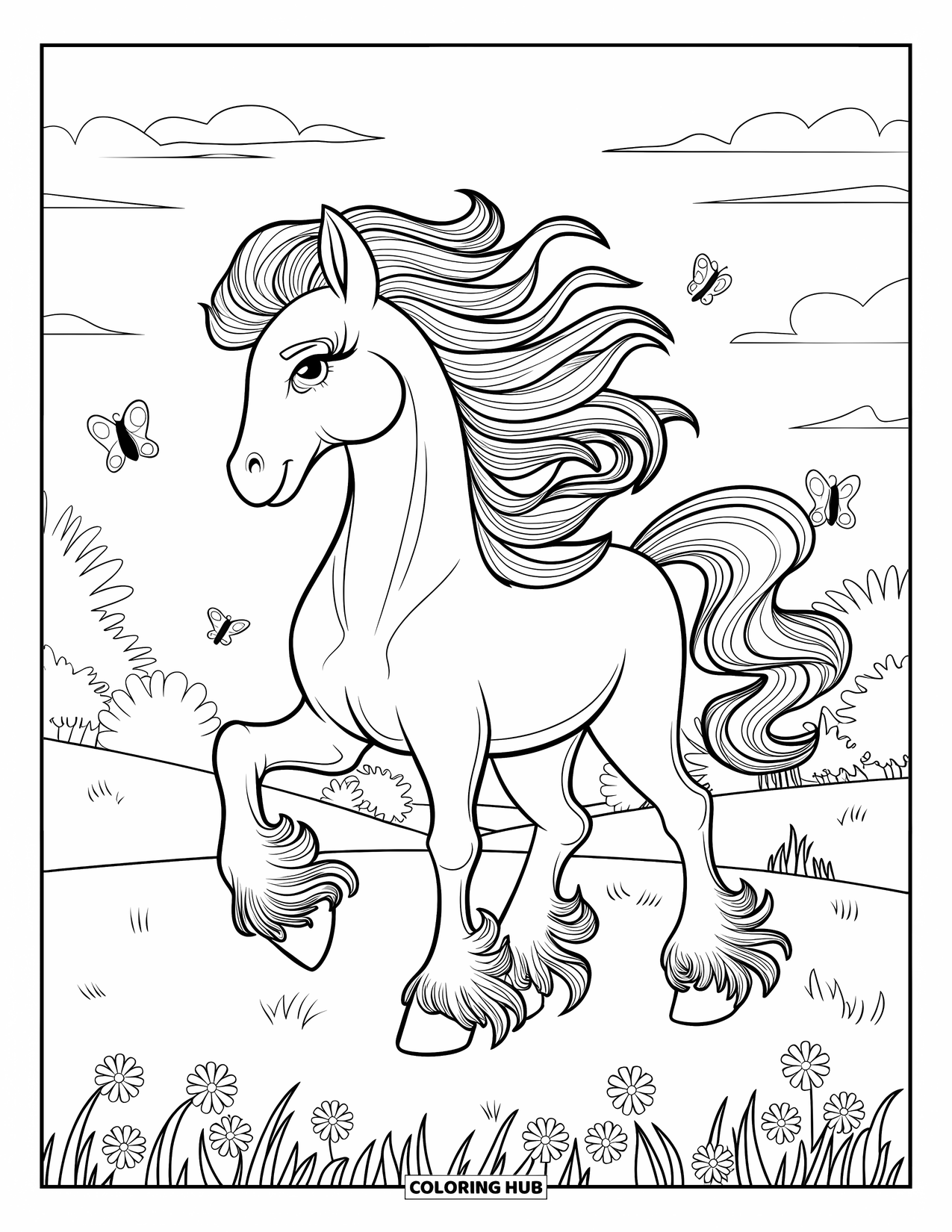 Pony Ausmalbild für Erwachsene: Ein majestätisches Pony steht inmitten von Blumen und Schmetterlingen auf einem ruhigen, offenen Feld