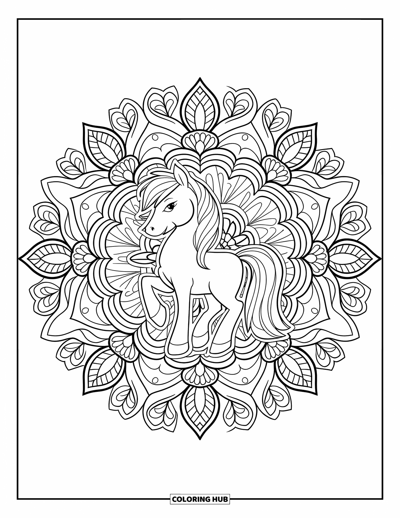 Pony Ausmalbild für Erwachsene: Ein majestätisches Pony steht im Zentrum eines floralen Mandala-Designs