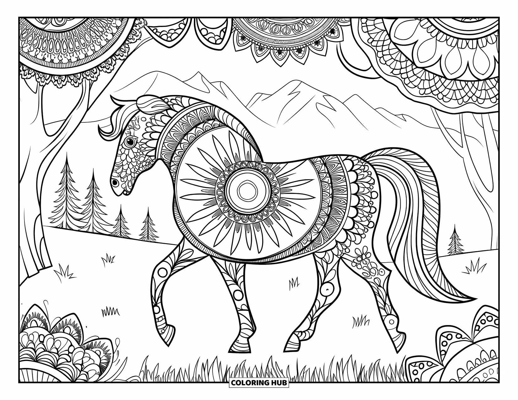 Pony Ausmalbild für Erwachsene: Ein Pony im Mandala-Stil geht einen grasbewachsenen Pfad mit malerischem Bergblick entlang