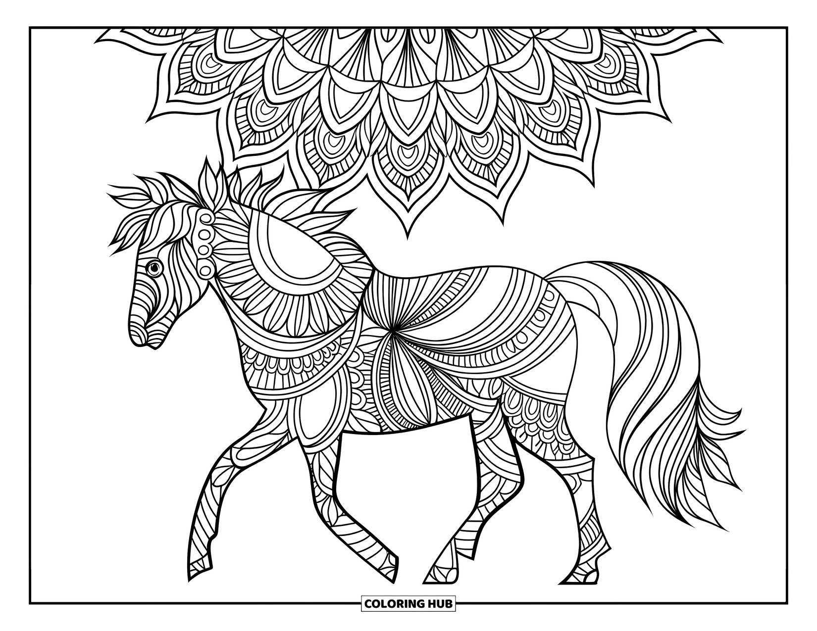 Pony Ausmalbild für Erwachsene: Ein gemustertes Pony geht durch ein Feld, das von detaillierten Mandala-Designs umrahmt wird