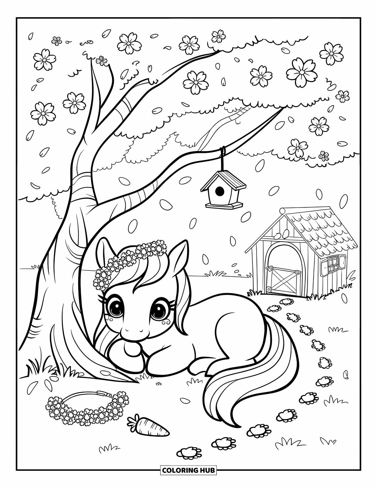 Pony Ausmalbild für Erwachsene: Ein friedliches Pony kuschelt sich unter einen Kirschbaum mit Blütenblättern und einem kleinen Vogelhaus