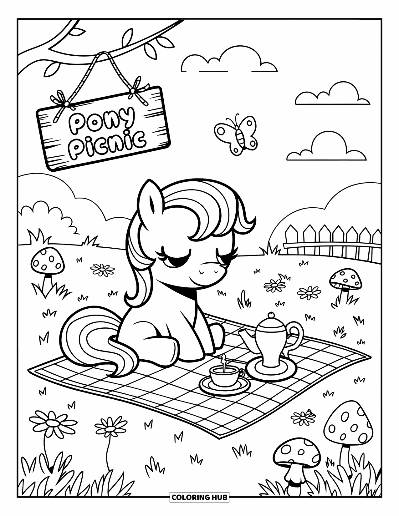 Pony Ausmalbild für Erwachsene: Ein friedliches Pony sitzt auf einer Picknickdecke in einer mit Gänseblümchen gefüllten Wiese