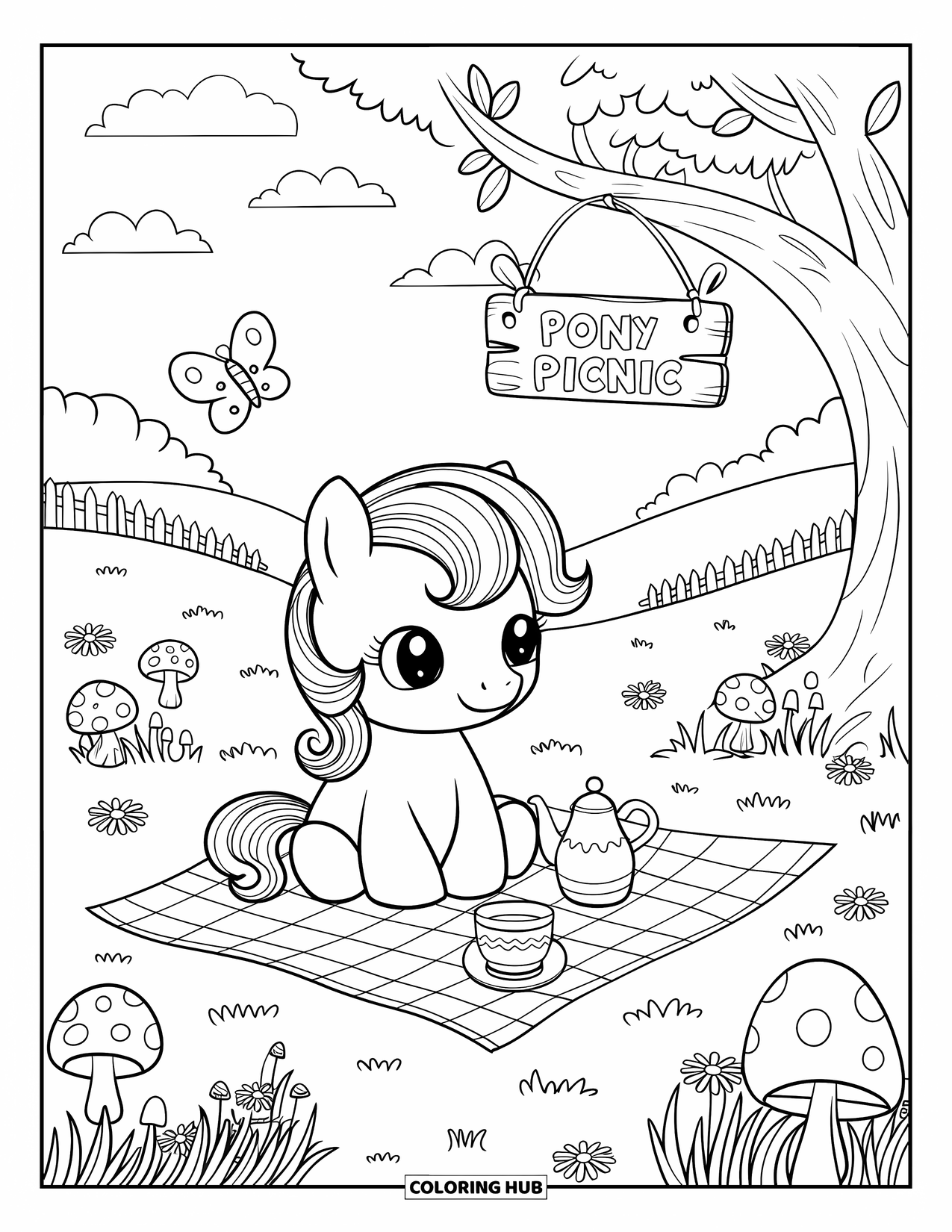 Pony Ausmalbild für Erwachsene: Ein Pony genießt eine Teeparty auf einer Wiese mit Gänseblümchen, Pilzen und einem Schmetterling