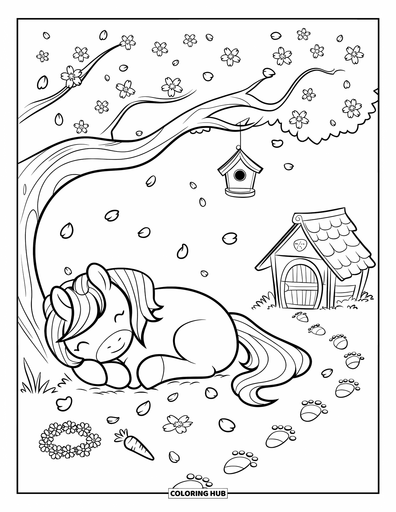 Pony Ausmalbild für Erwachsene: Ein Pony döst unter einem blühenden Kirschbaum in der Nähe eines gemütlichen Stallpfads