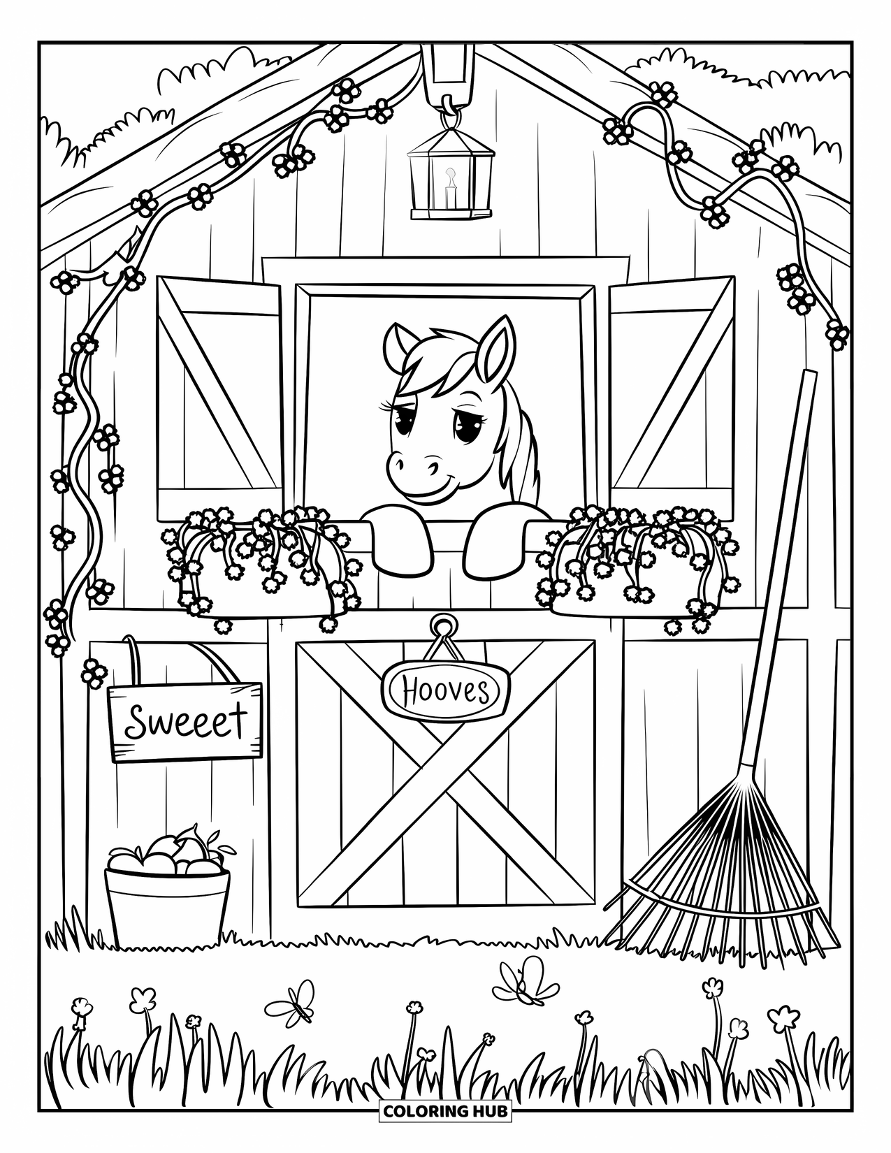 Pony Ausmalbild für Erwachsene: Ein Pony späht aus einem gemütlichen Stallfenster, umgeben von Blumen und hohem Gras