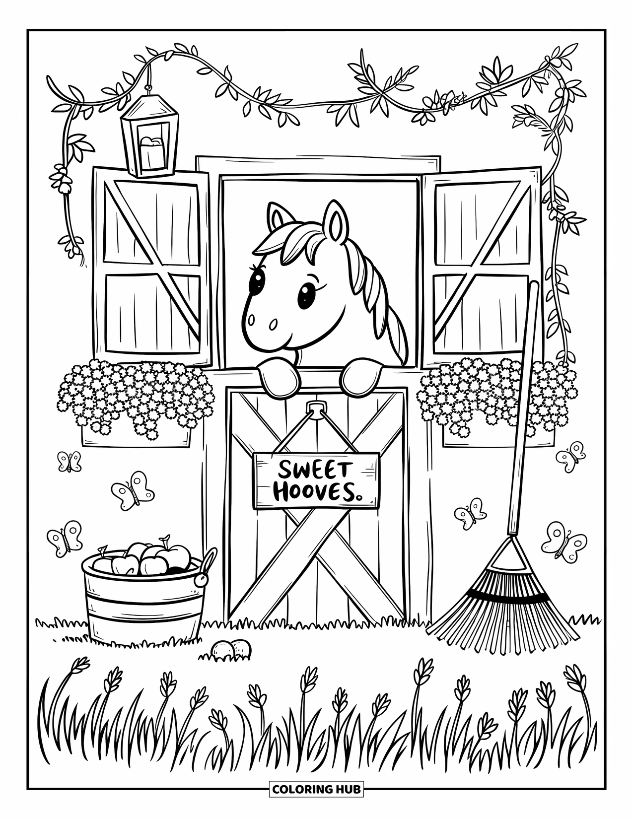 Pony Ausmalbild für Erwachsene: Ein Pony späht aus einem Stallfenster mit Laternen, Ranken und Schmetterlingen