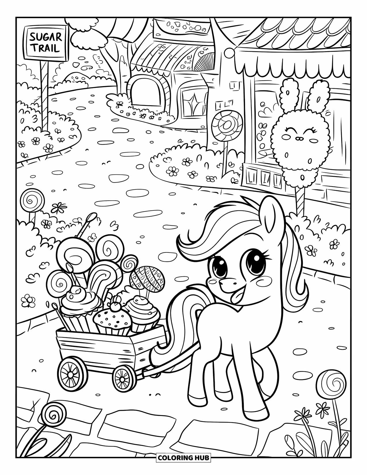 Pony Ausmalbild für Erwachsene: Ein Pony zieht einen mit Leckereien gefüllten Wagen an Schildern für „Zuckerpfad“ und „Leckereien-Stopp“ vorbei