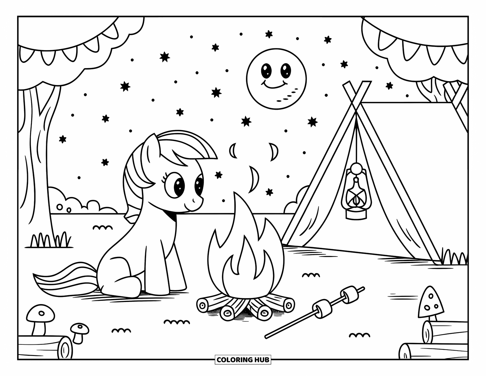 Pony Ausmalbild für Erwachsene: Ein Pony entspannt sich in der Nähe eines gemütlichen Lagerfeuers mit Marshmallows und einem leuchtenden Zelt